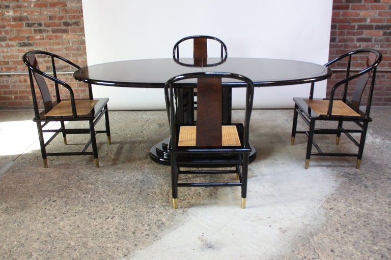 Vintage Henredon Black Lacquer and Burl Dining Set For Sale at 1stDibs
