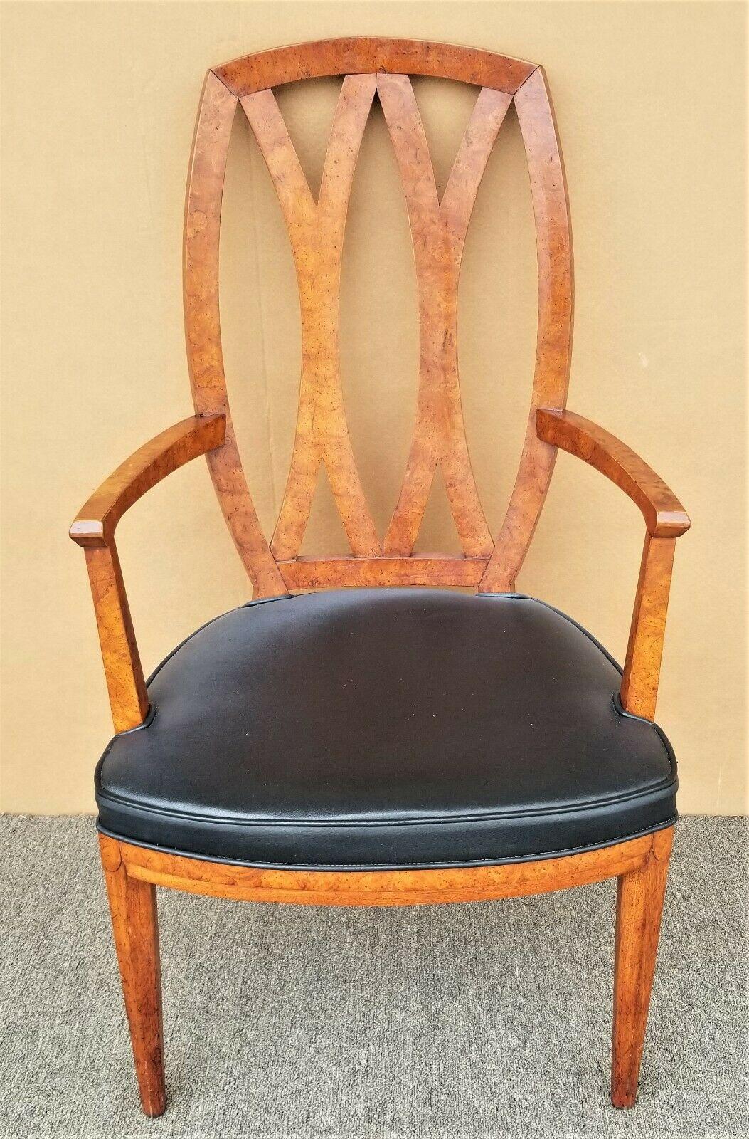 Offering one of our recent palm beach estate fine furniture acquisitions of a 
Vintage Henredon burl wood pretzel back armchair dining desk chair

Approximate measurements in inches
40.75