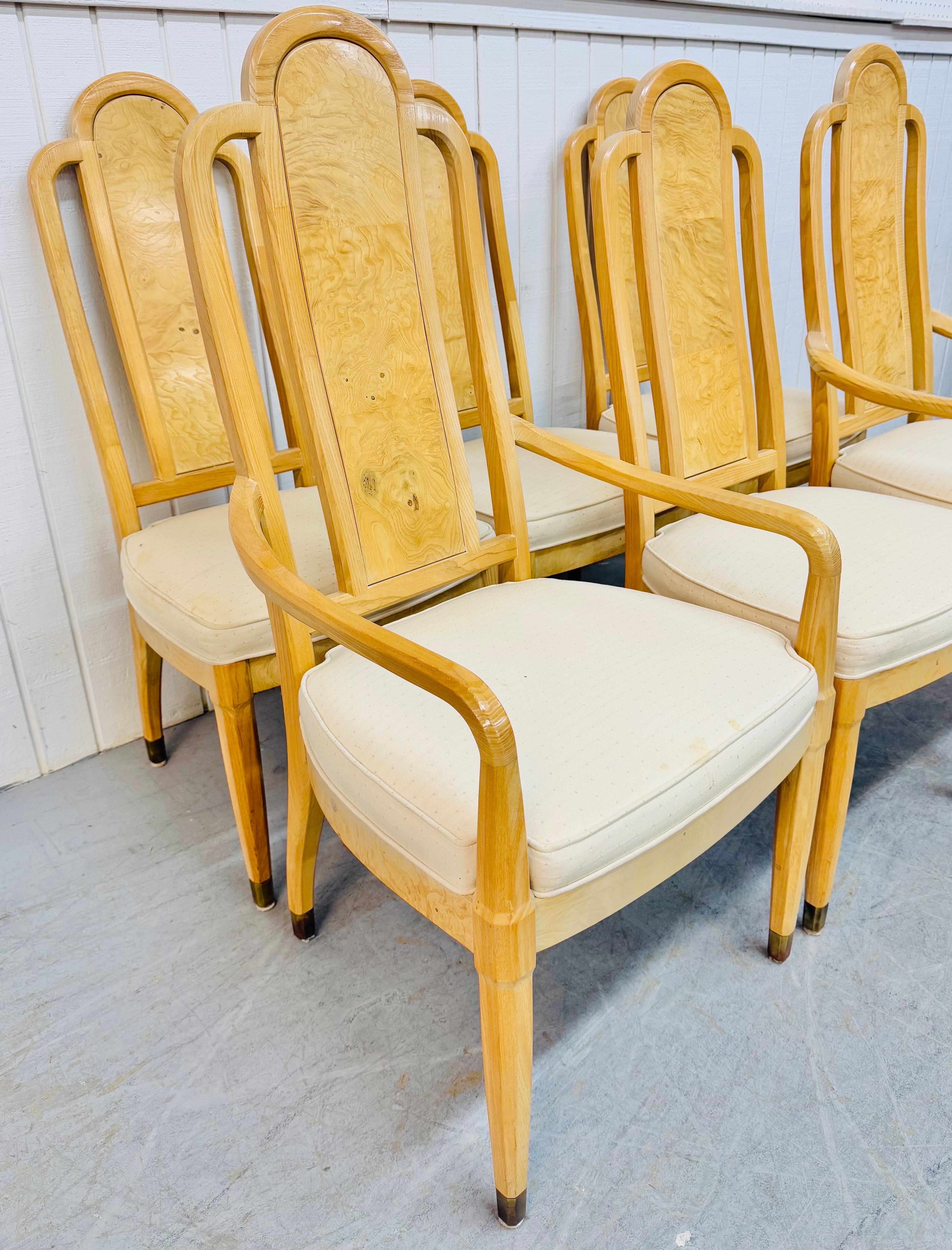 This listing is for a set of six Vintage Henredon Burled Wood Dining Chairs. Featuring a high back burled wood design, two arm chairs, four side chairs, and original upholstery. This is an exceptional combination of quality and design by Henredon!