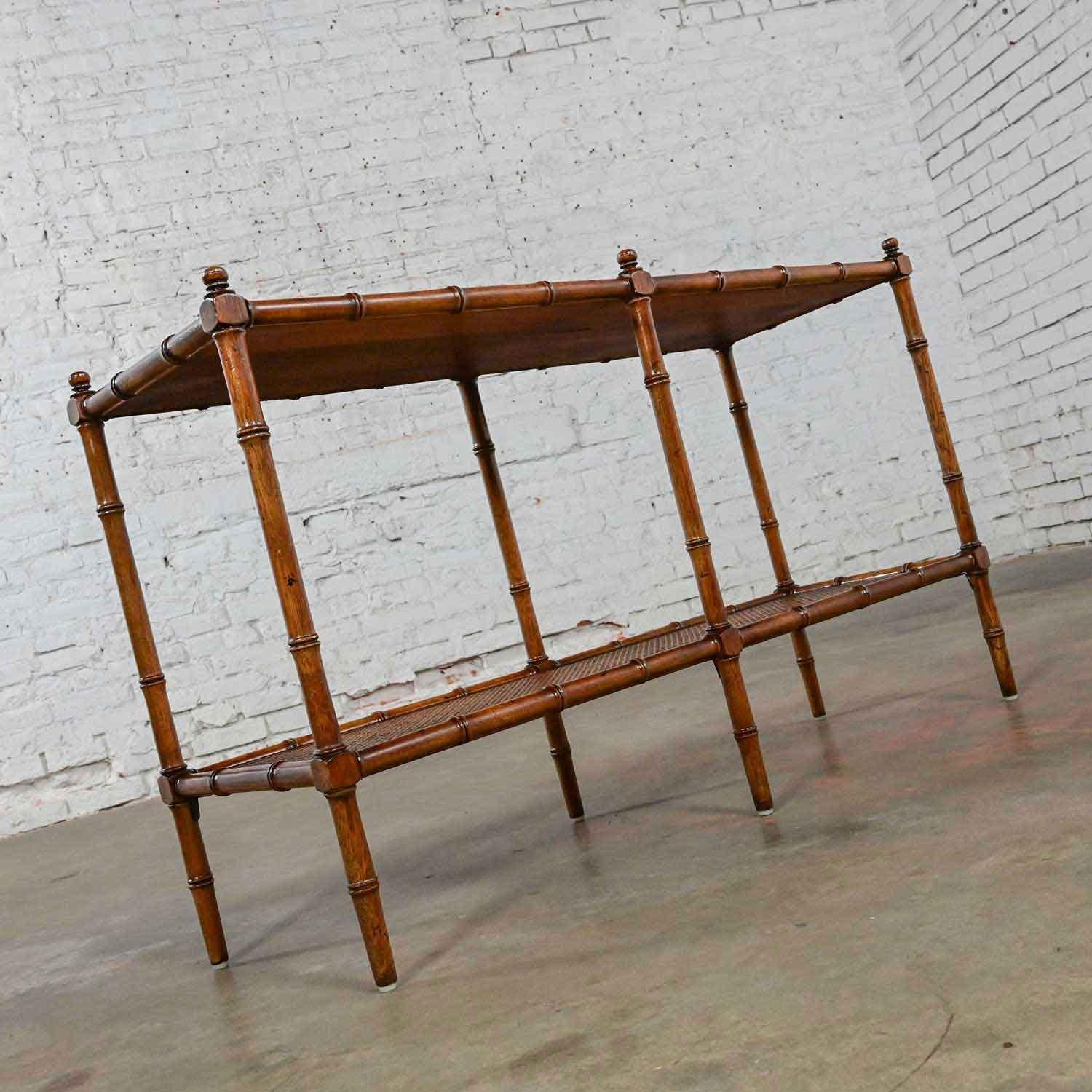 Vintage Henredon Campaign Hollywood Regency Faux Bamboo Cane Sofa Console Table In Good Condition In Topeka, KS
