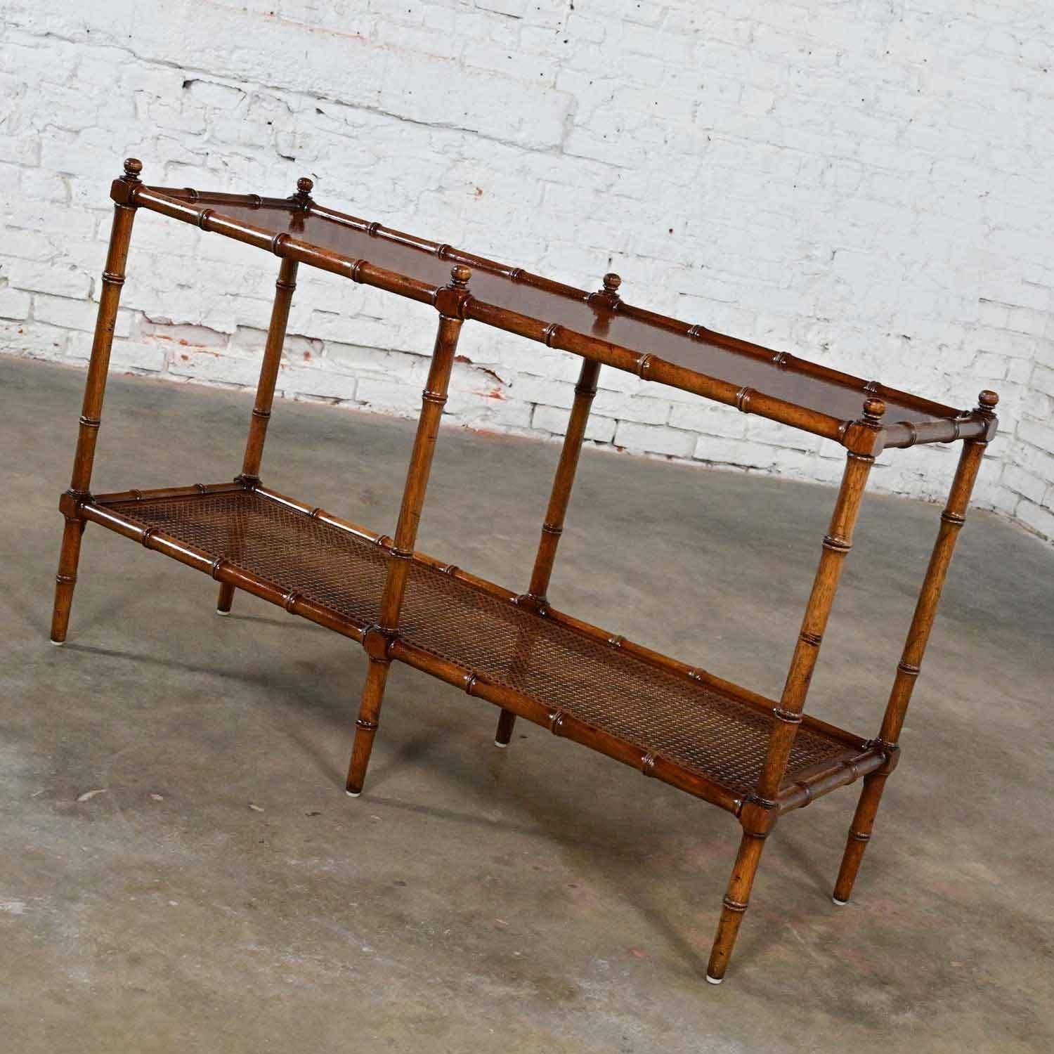 20th Century Vintage Henredon Campaign Hollywood Regency Faux Bamboo Cane Sofa Console Table