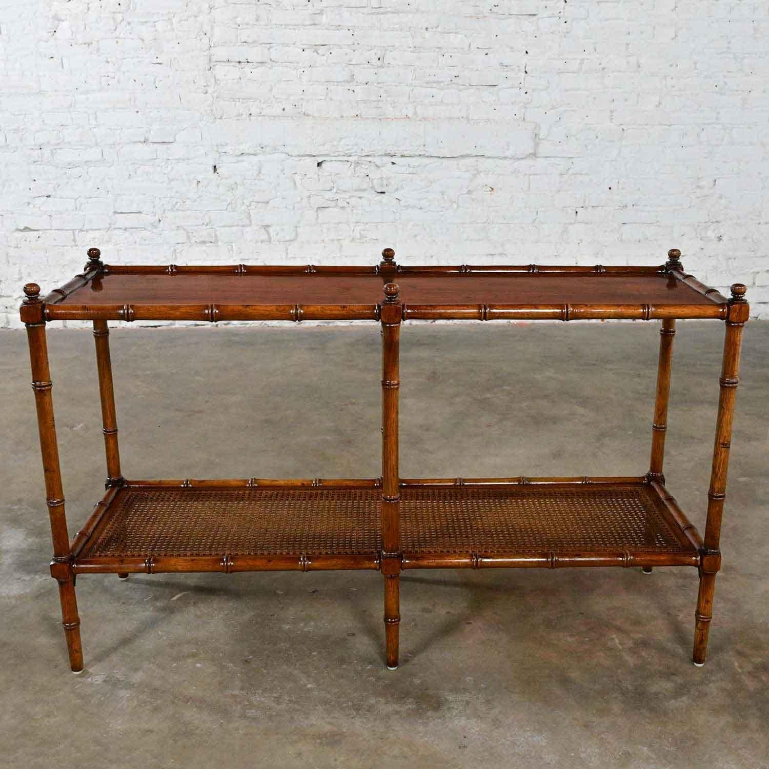 Vintage Henredon Campaign Hollywood Regency Faux Bamboo Cane Sofa Console Table 1