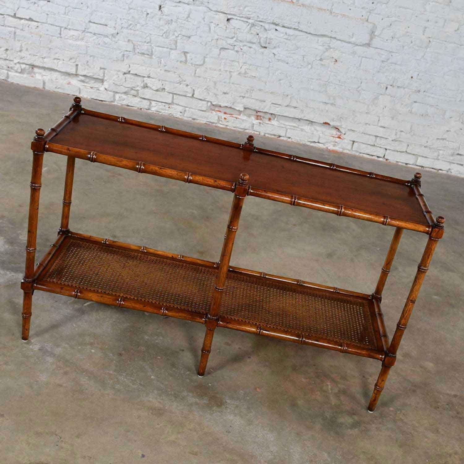 Vintage Henredon Campaign Hollywood Regency Faux Bamboo Cane Sofa Console Table 3
