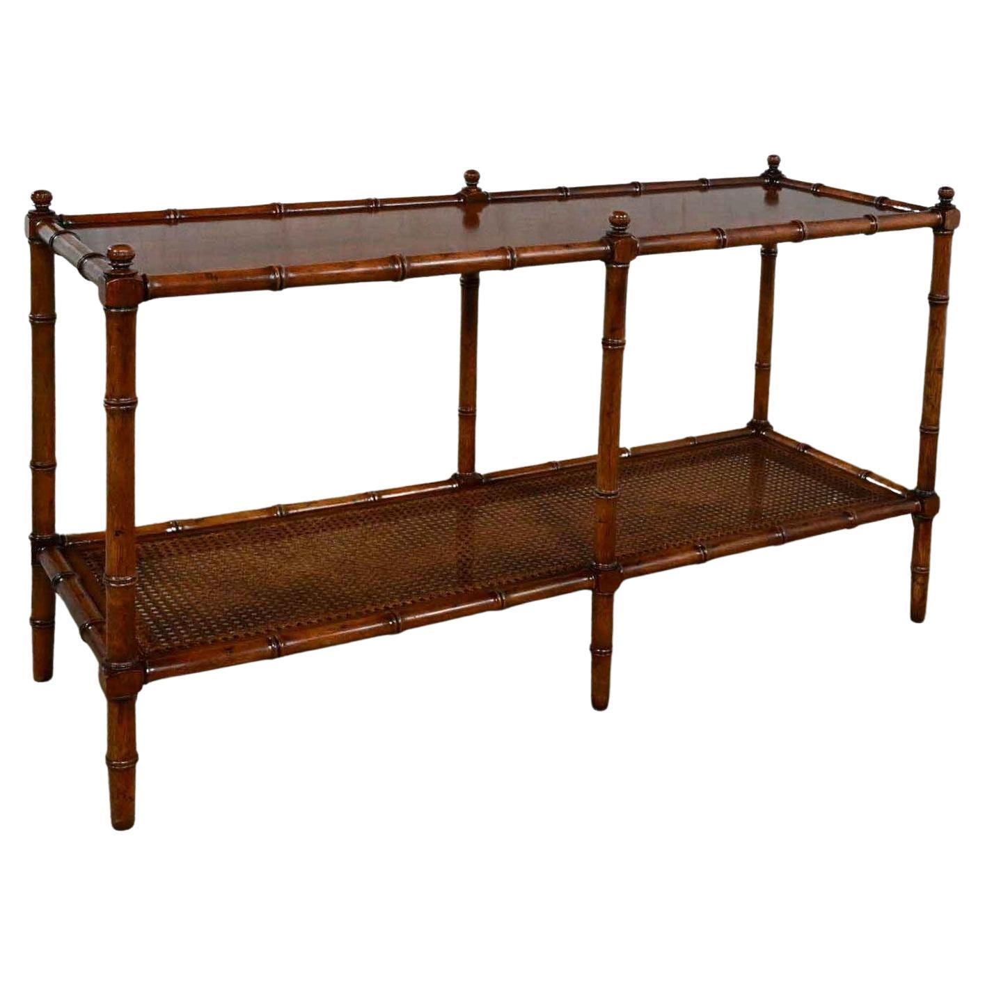 Vintage Henredon Campaign Hollywood Regency Faux Bamboo Cane Sofa Console Table