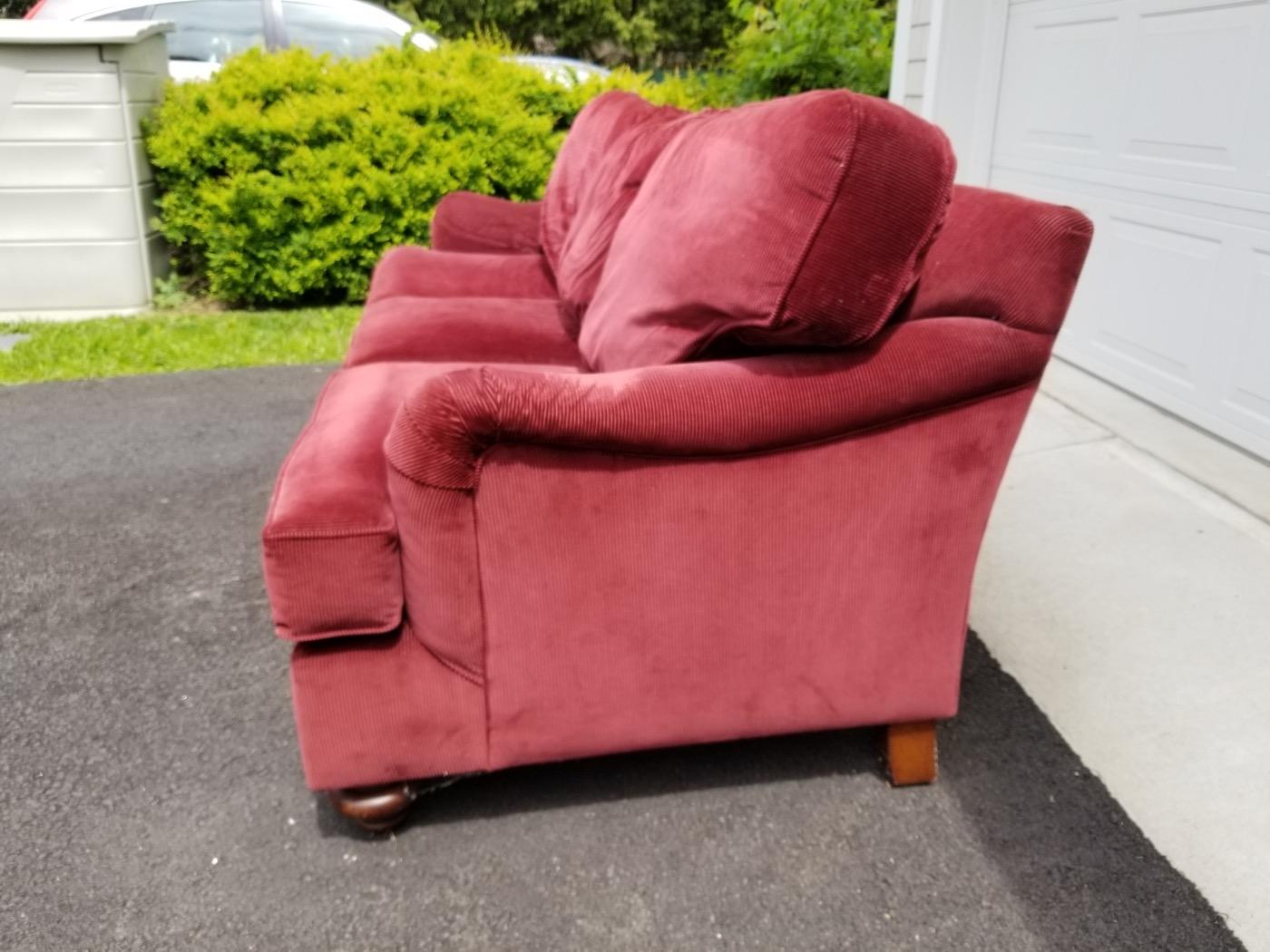 CLEARANCE Henredon custom dark cranberry red corduroy three-seat down-filled sofa. Gorgeous, well-made piece. Original price was over 10,000 USD. Gorgeous shabby-chic, casual lux vibe. Color is deep cranberry like in the main photograph. Outdoor
