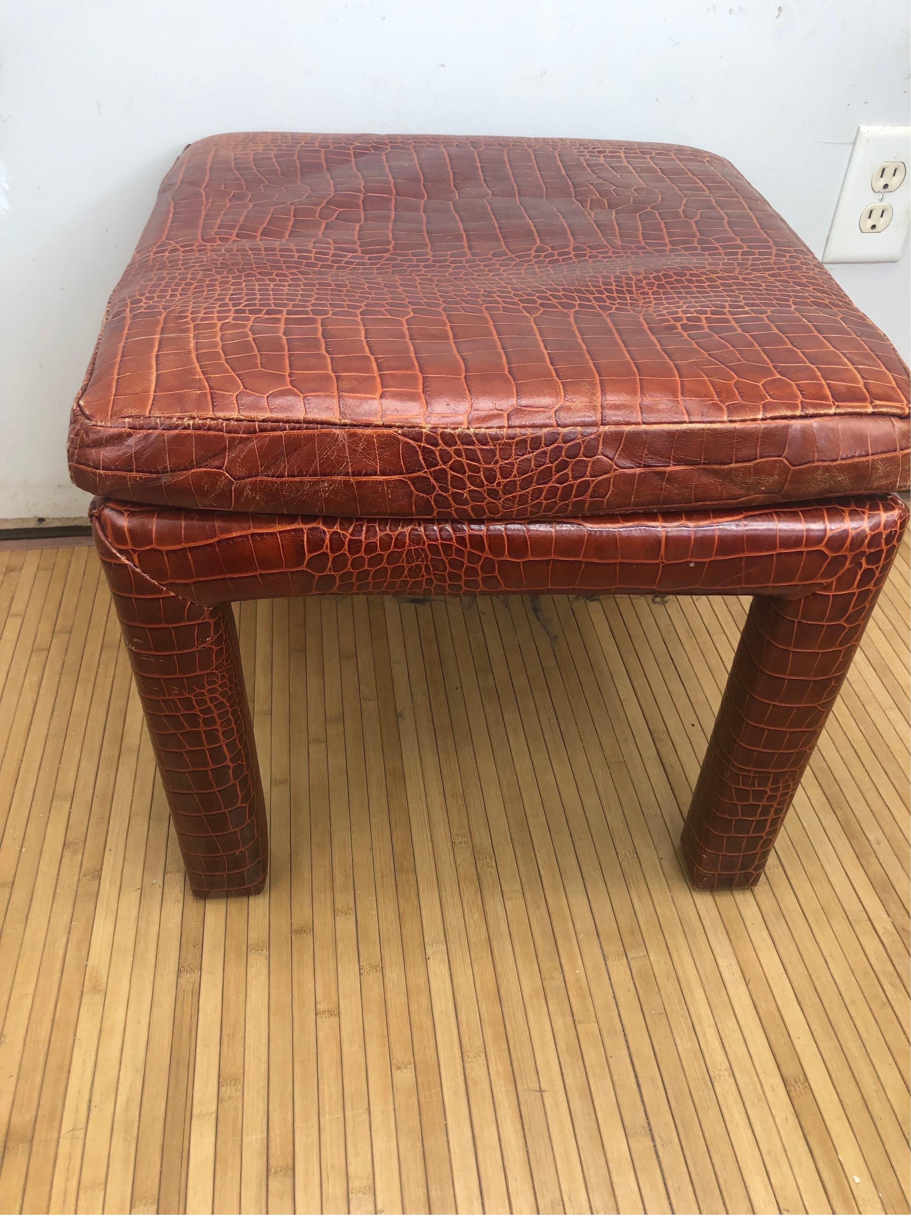 Vintage Henredon Faux Alligator Leather Parsons Stool from the Henredon upholstery collection.