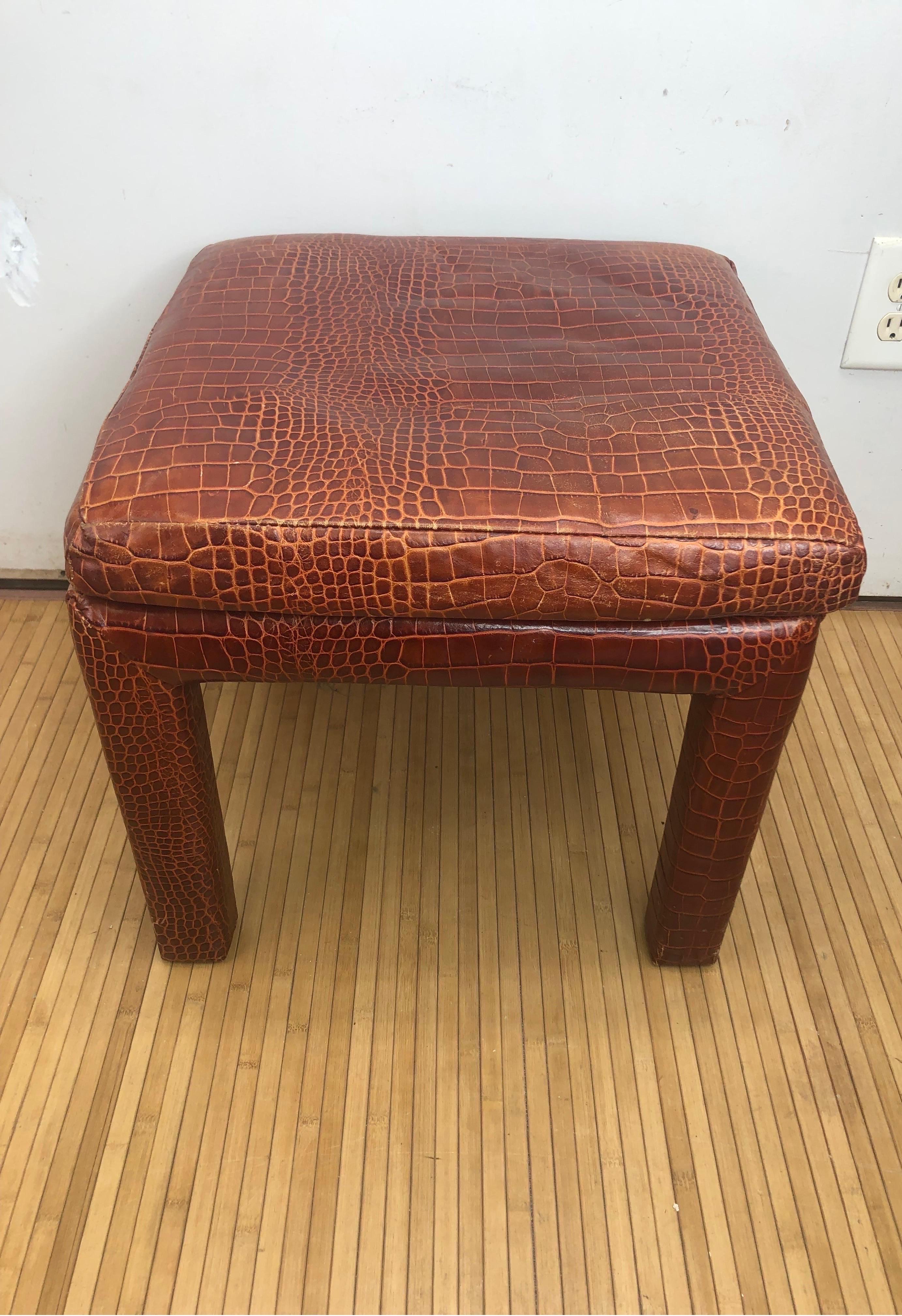Late 20th Century Vintage Henredon Faux Alligator Leather Parsons Stool or Bench For Sale