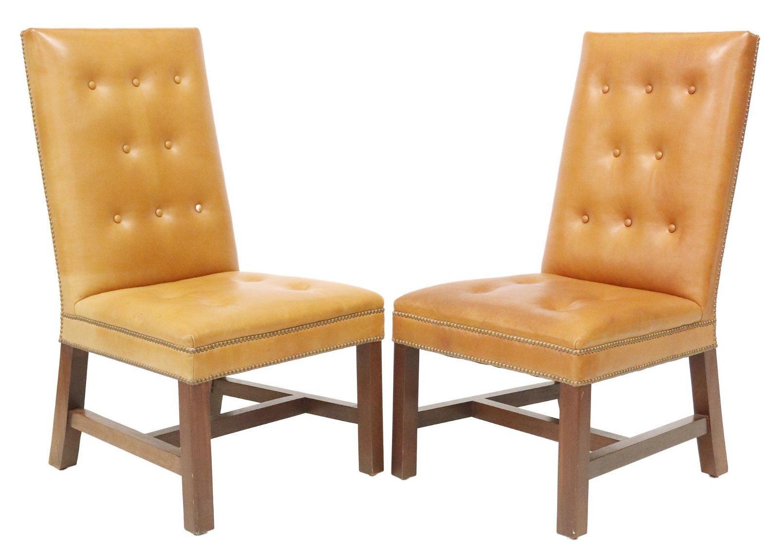 Great set of highback dining chairs by Ralph Lauren for Henredon. Upholstered in a rich and soft camel color leather leather. Each having padded back and seat in button-tufted tan leather upholstery, nailhead trim, rising on squared wood supports,