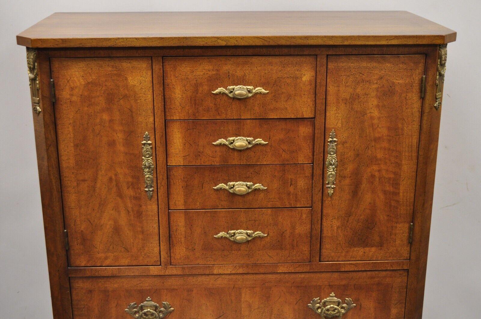 20th Century Vintage Henredon French Louis XV Style Banded Walnut Tall Chest Dresser For Sale