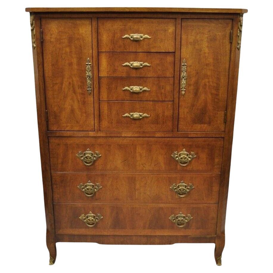 Vintage Henredon French Louis XV Style Banded Walnut Tall Chest Dresser For Sale