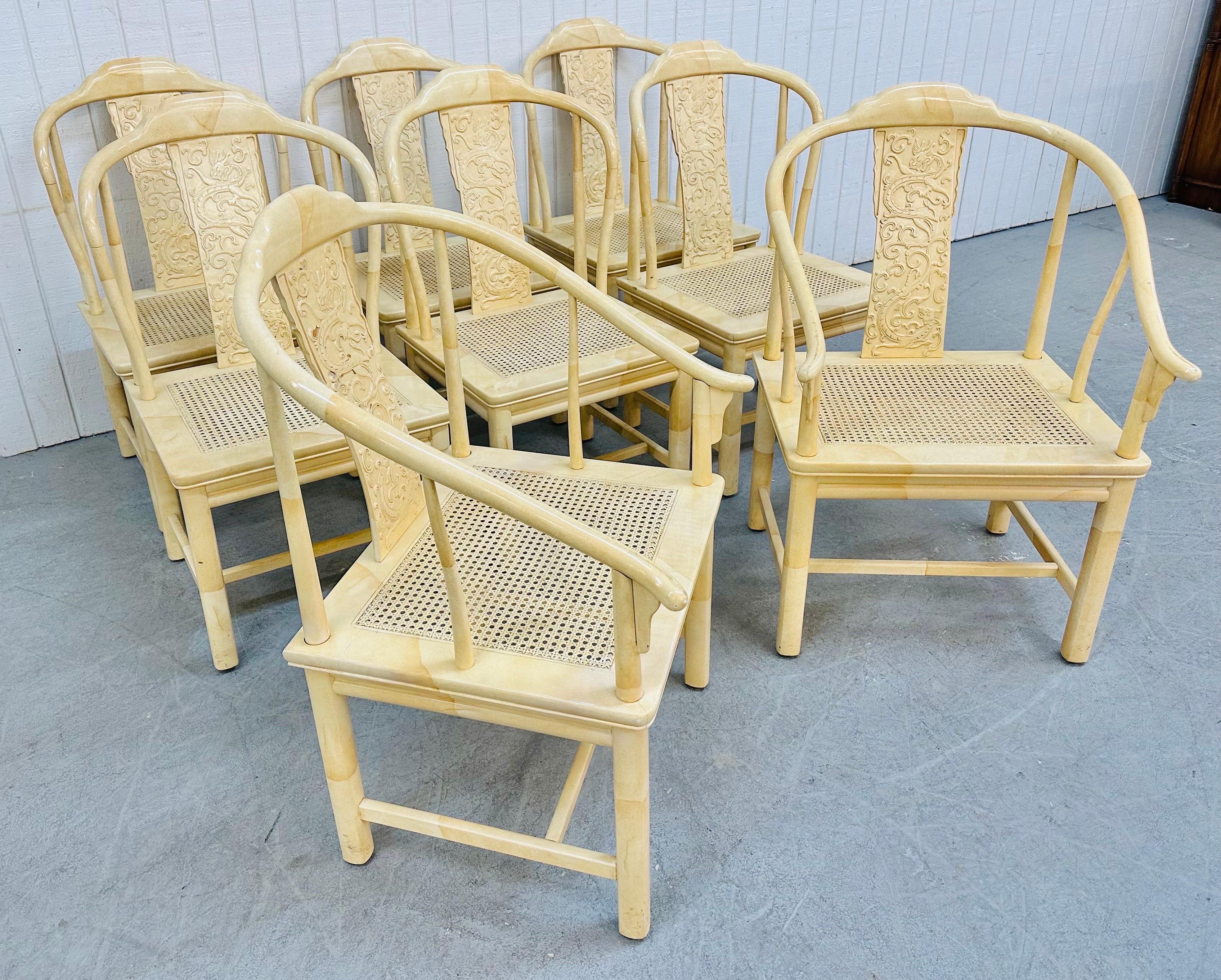 This listing is for a set of eight vintage Henredon Ivory Lacquered Dining Chairs. Featuring two arm chairs, six straight chairs, Asian inspired design, cane seats, and lacquered finish. This is an exceptional combination of quality and design by
