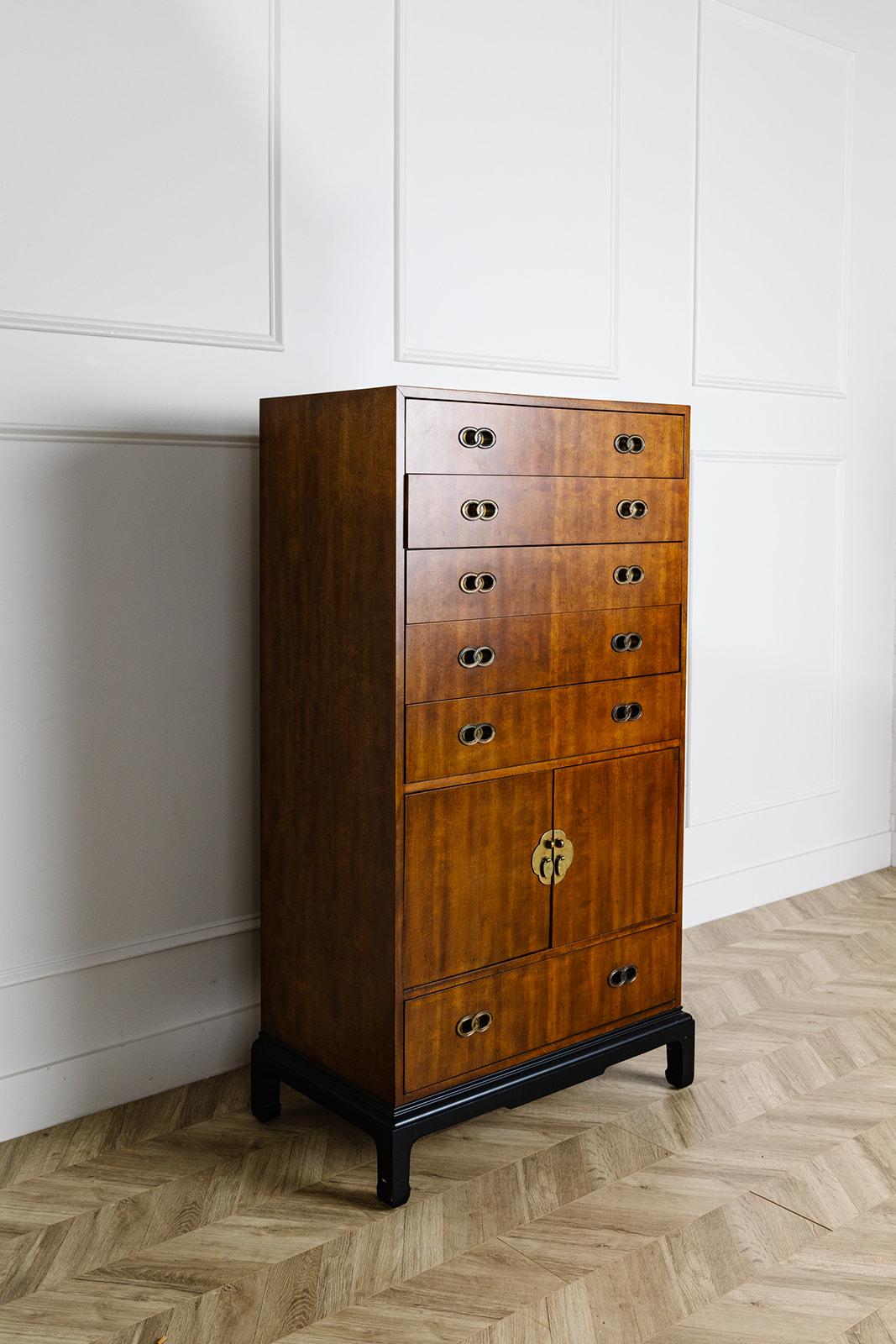 Campaign Vintage Henredon Mahogany Highboy Refinished with Black Lacquered Base For Sale