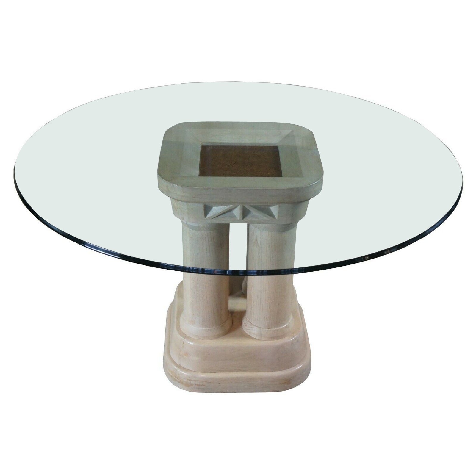 Vintage Henredon Pickled Oak Round Glass Pedestal Dining Center Table