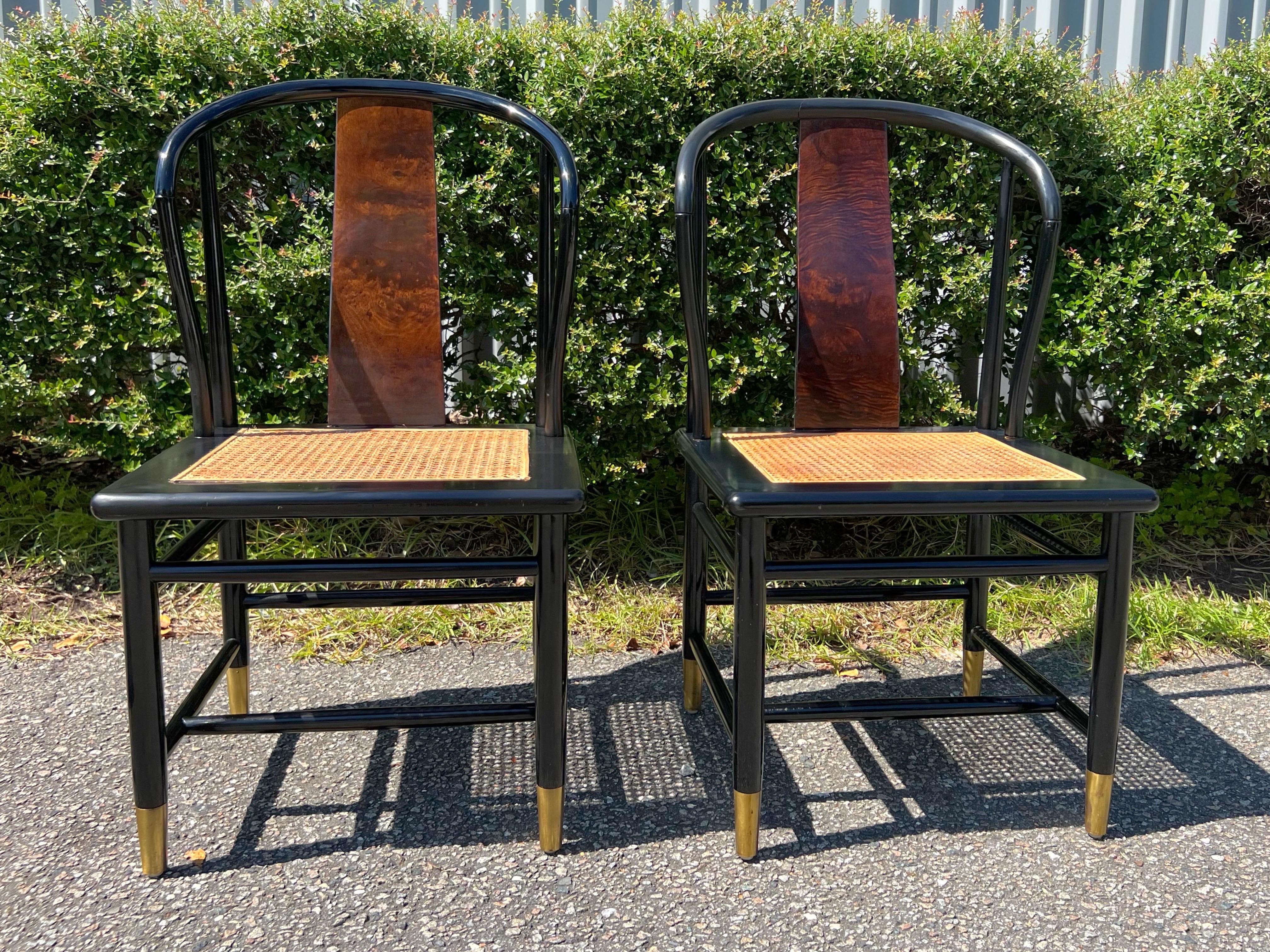 American Vintage Henredon “Scene 3” Black Lacquer and Burl Dining Chairs - a Set of 4