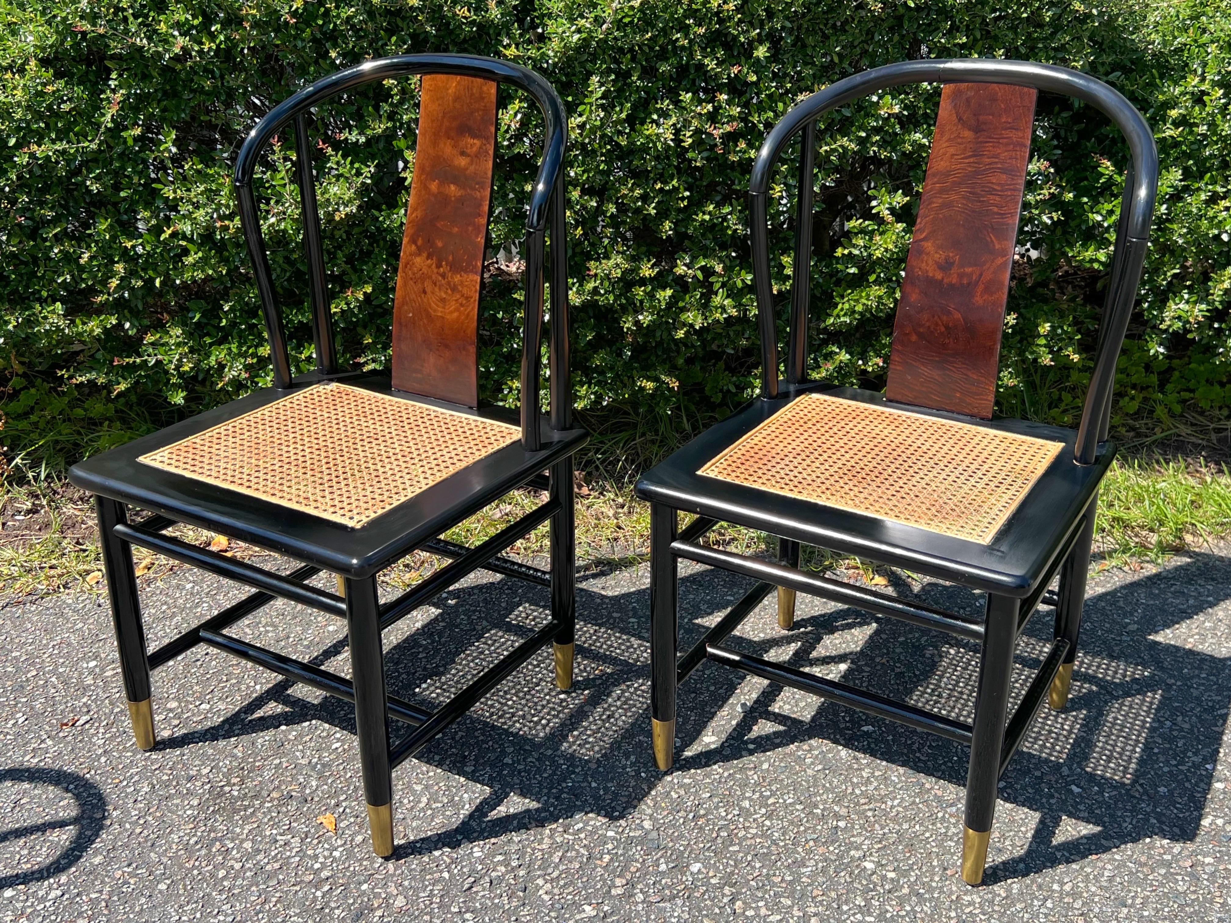 Caning Vintage Henredon “Scene 3” Black Lacquer and Burl Dining Chairs - a Set of 4