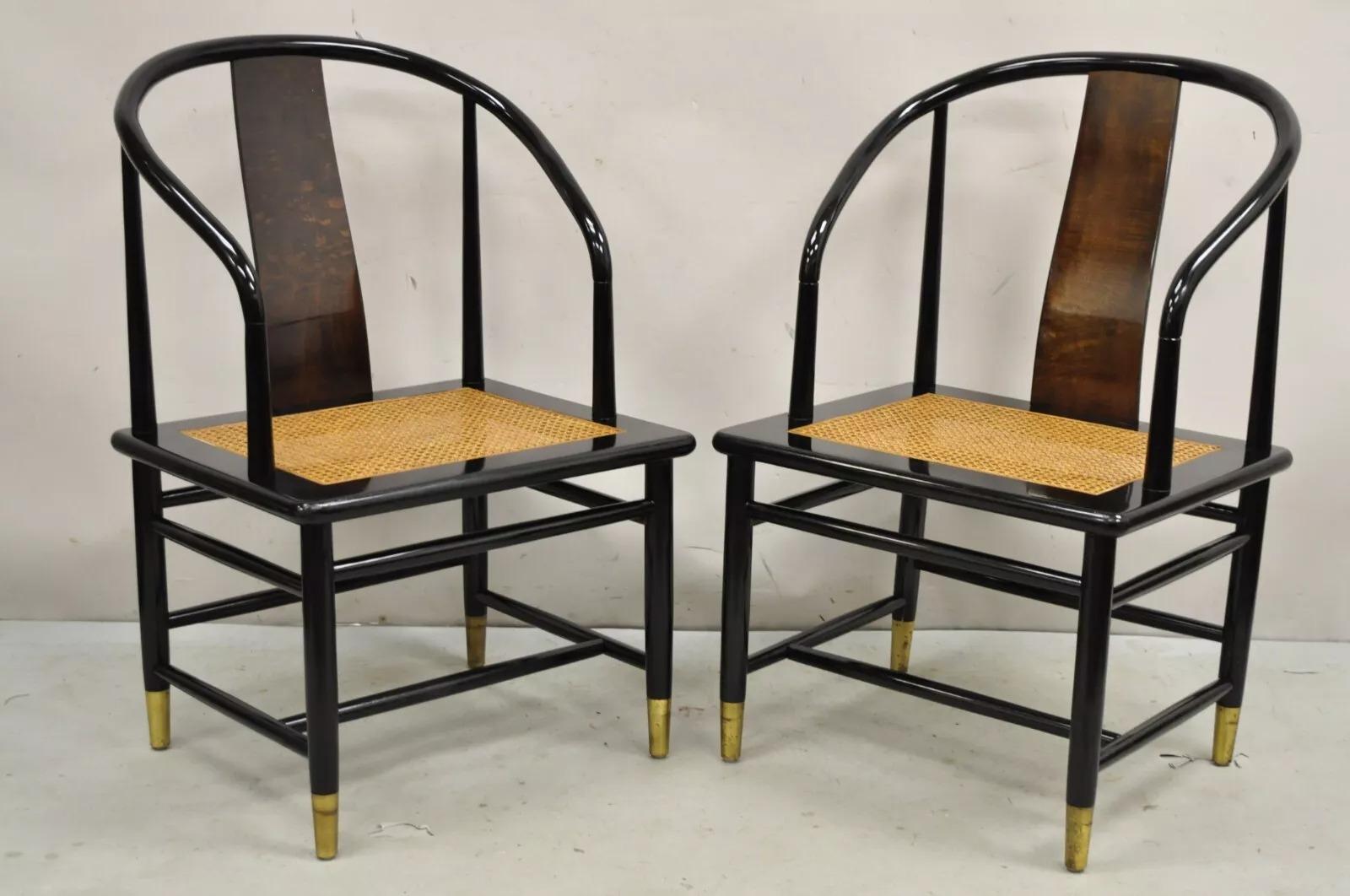 Vintage Henredon Scene 3 Oriental Black Lacquer Asian Horseshoe Chair - a Pair For Sale 5