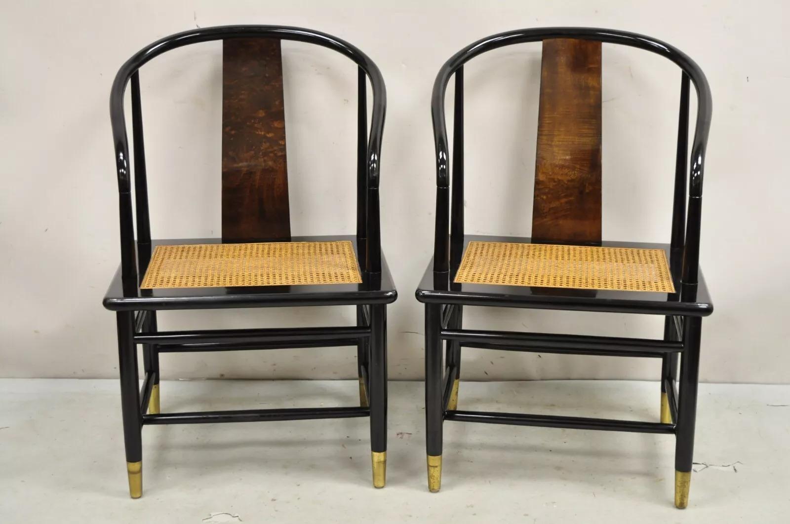 Vintage Henredon Scene 3 Oriental Black Lacquer Asian Horseshoe Dining Chair - a Pair. Item features burl wood backrests, brass capped feet, and cane seats. Circa Late 20th Century. Measurements: 35.5