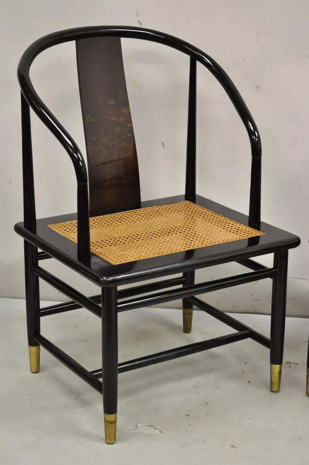 Chinoiserie Vintage Henredon Scene 3 Oriental Black Lacquer Asian Horseshoe Chair - a Pair For Sale