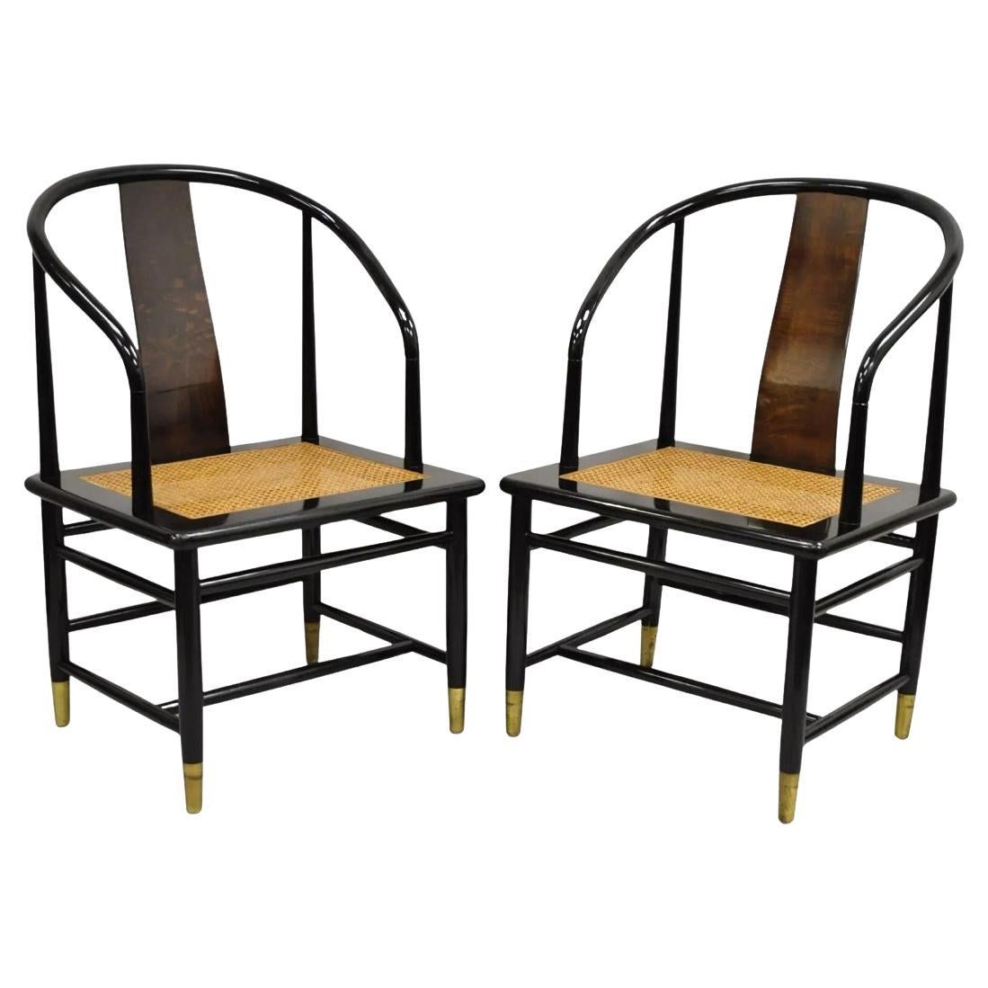 Vintage Henredon Scene 3 Oriental Black Lacquer Asian Horseshoe Chair - a Pair
