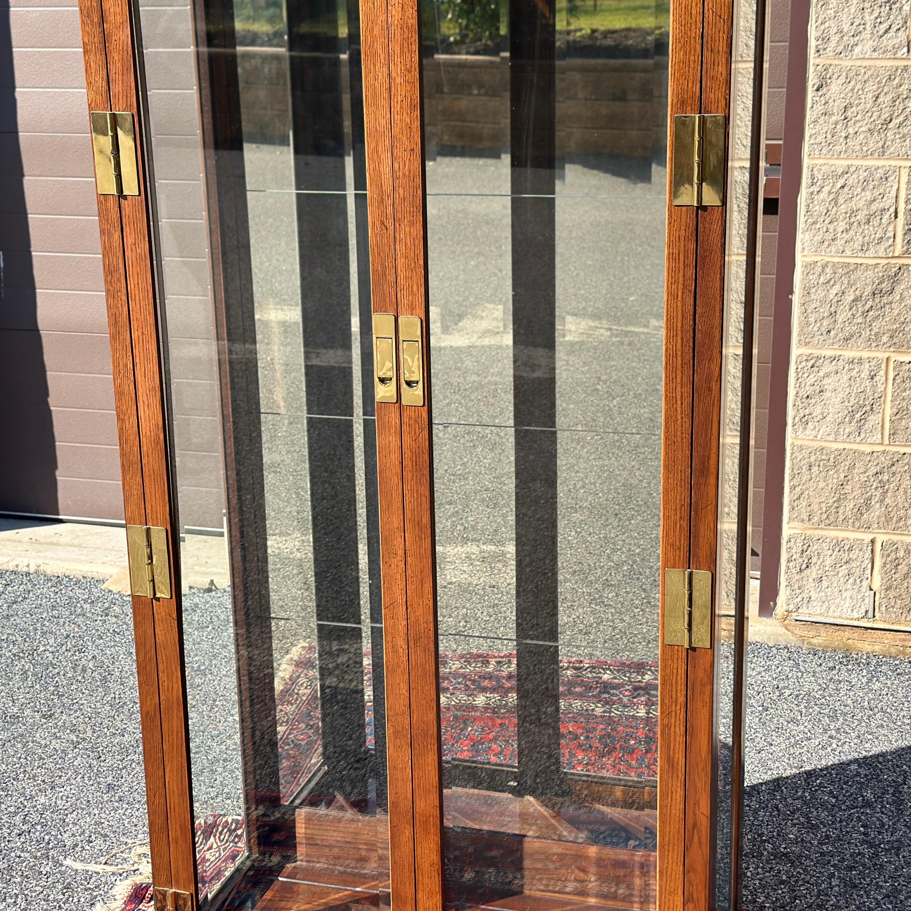 American Vintage Henredon Scene One Campaign Style Lighted Curio Display Cabinet Bookcase