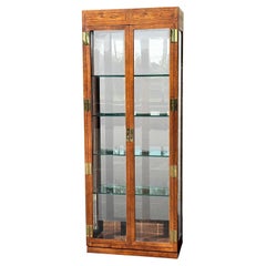 Vintage Henredon Scene One Campaign Style Lighted Curio Display Cabinet Bookcase