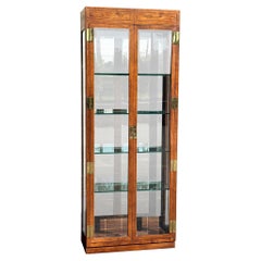 Vintage Henredon Scene One Campaign Style Lighted Curio Display Cabinet Bookcase