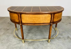 Vintage Regency Henredon Style Walnut, Burlwood And Brass Demilune Writing Desk