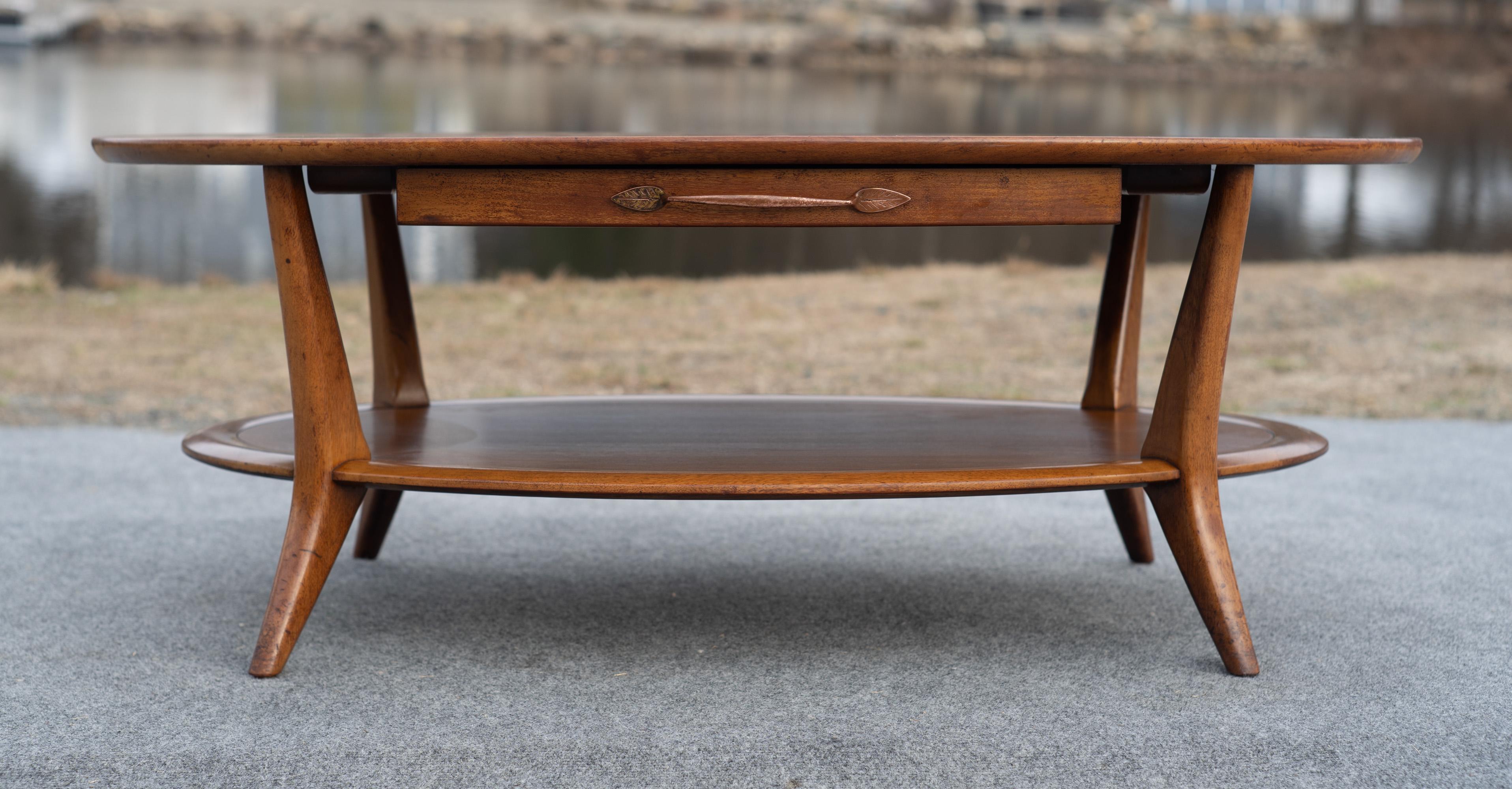 Vintage Henredon Two-Tiered Oval Carved Walnut Coffee Table with Two Drawers 4