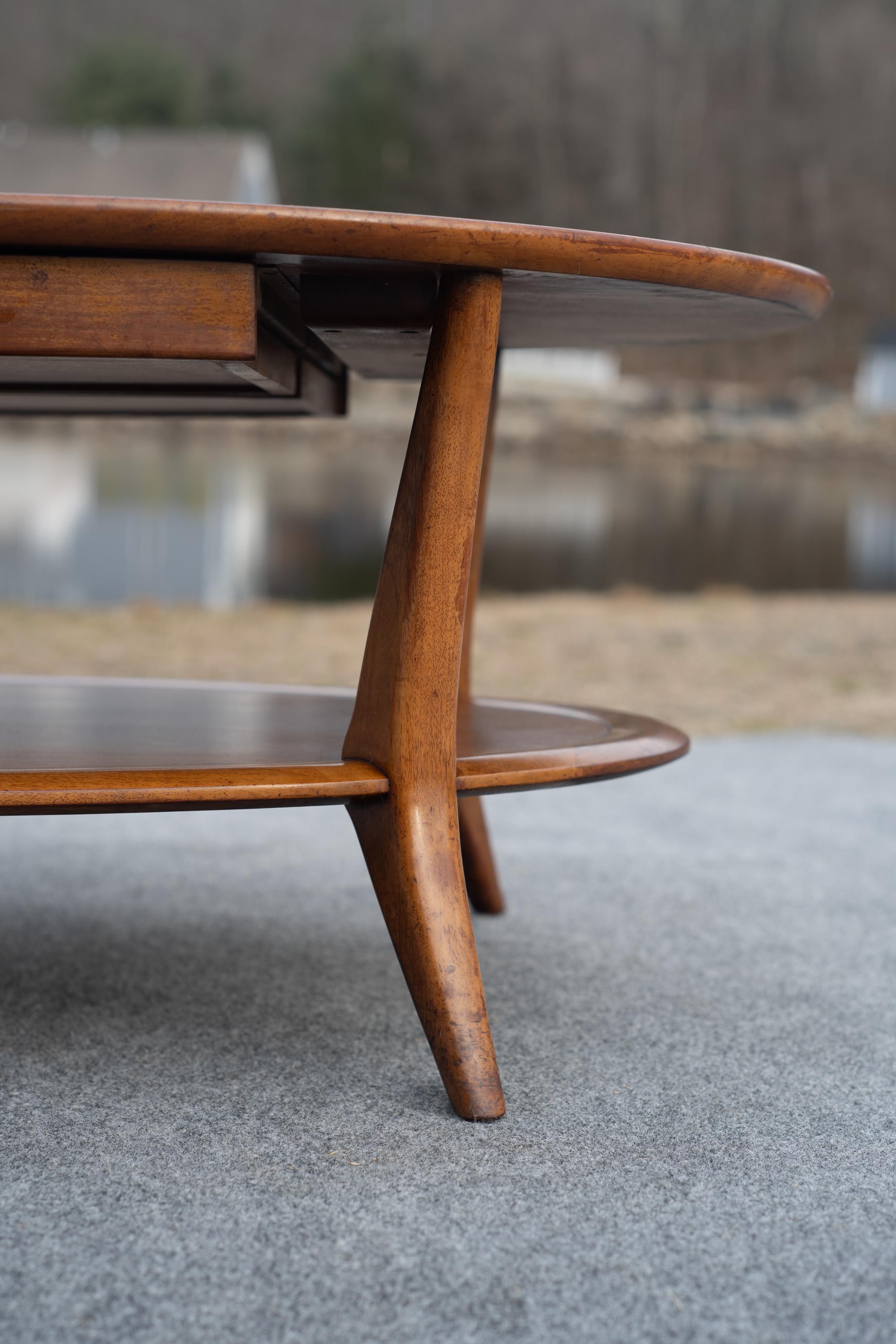 Vintage Henredon Two-Tiered Oval Carved Walnut Coffee Table with Two Drawers 5
