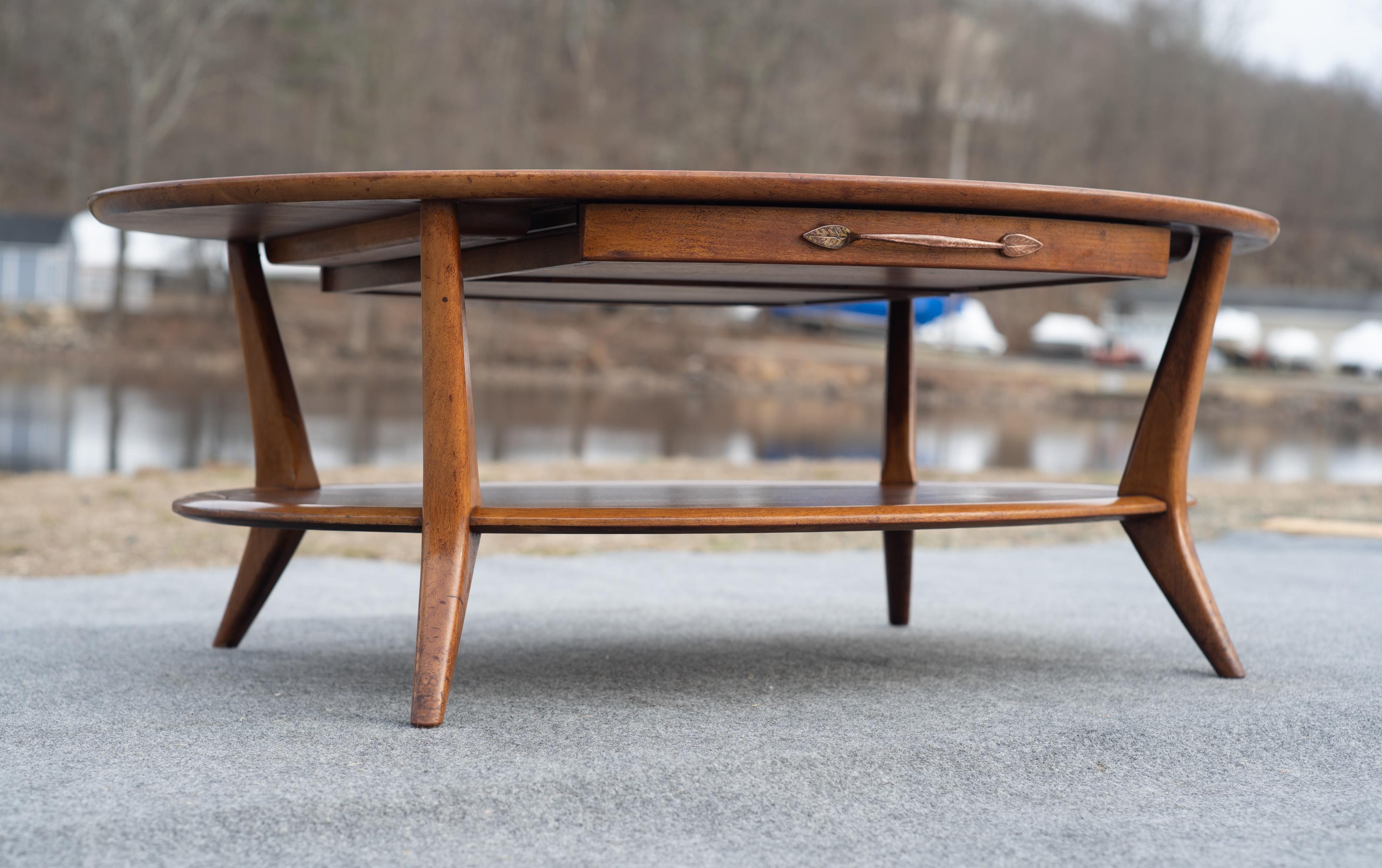 Vintage Henredon Two-Tiered Oval Carved Walnut Coffee Table with Two Drawers 7