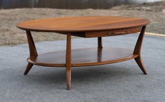 Vintage Henredon Two-Tiered Oval Carved Walnut Coffee Table with Two Drawers