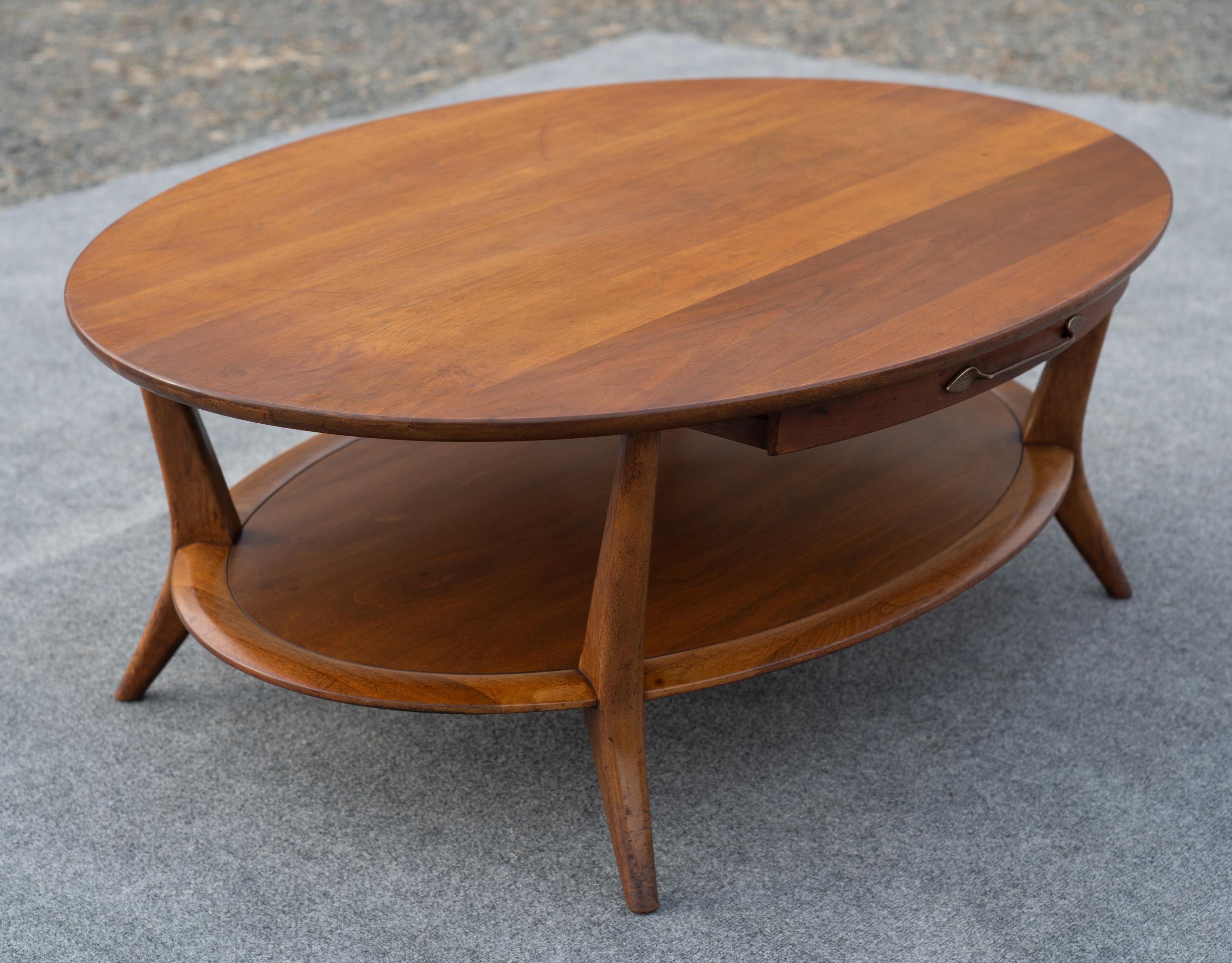 Mid-Century Modern Vintage Henredon Two-Tiered Oval Carved Walnut Coffee Table with Two Drawers
