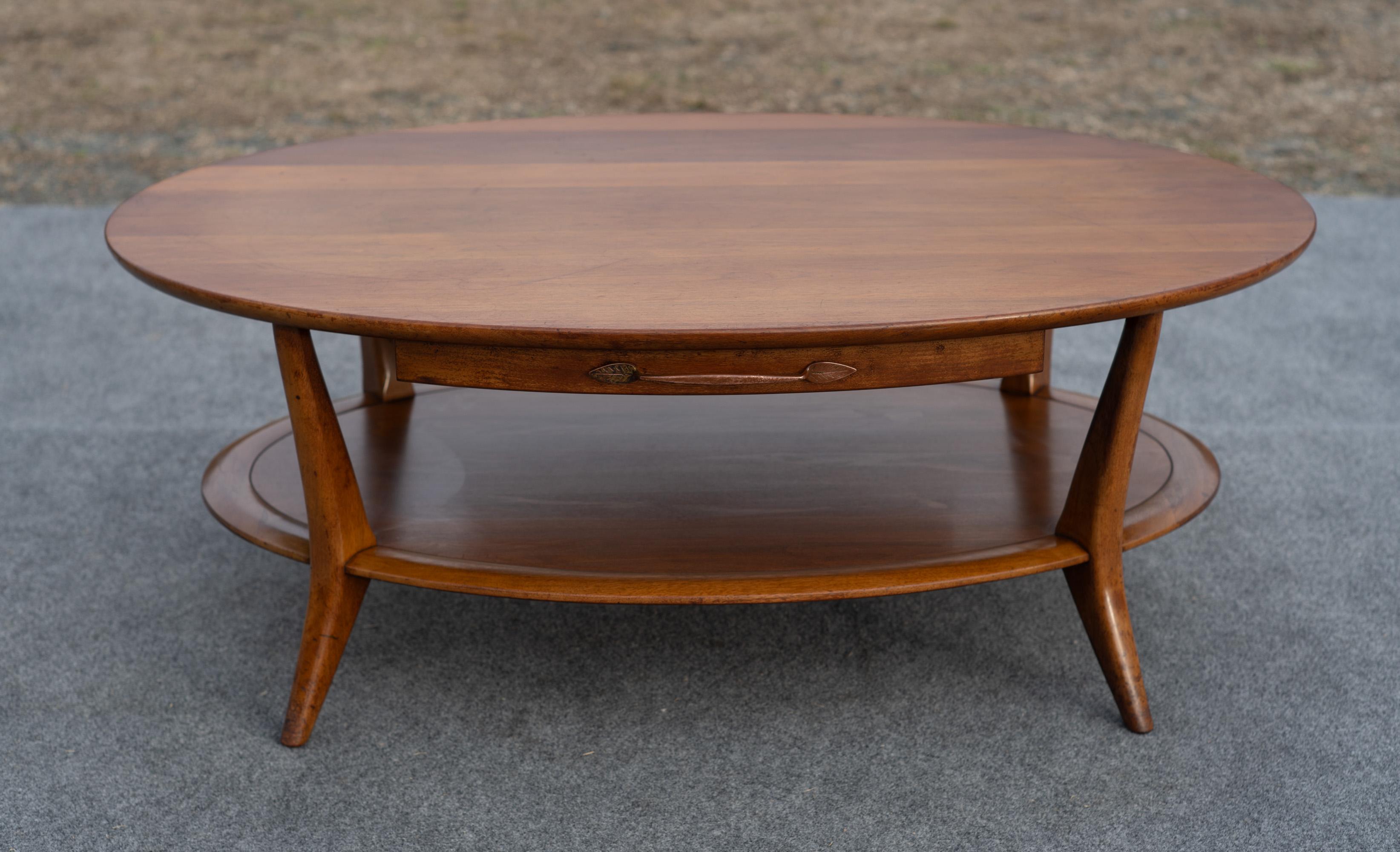 American Vintage Henredon Two-Tiered Oval Carved Walnut Coffee Table with Two Drawers