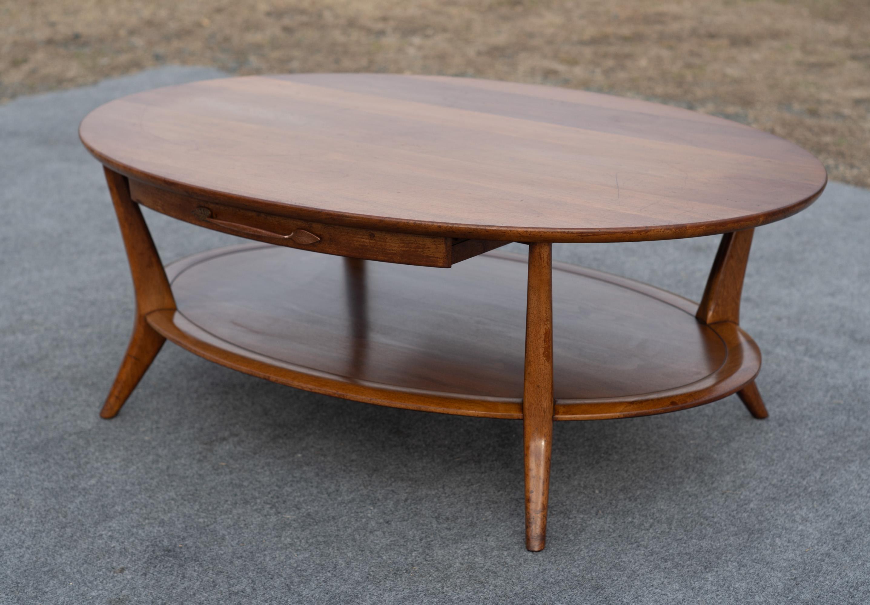 Vintage Henredon Two-Tiered Oval Carved Walnut Coffee Table with Two Drawers In Good Condition In Philadelphia, PA