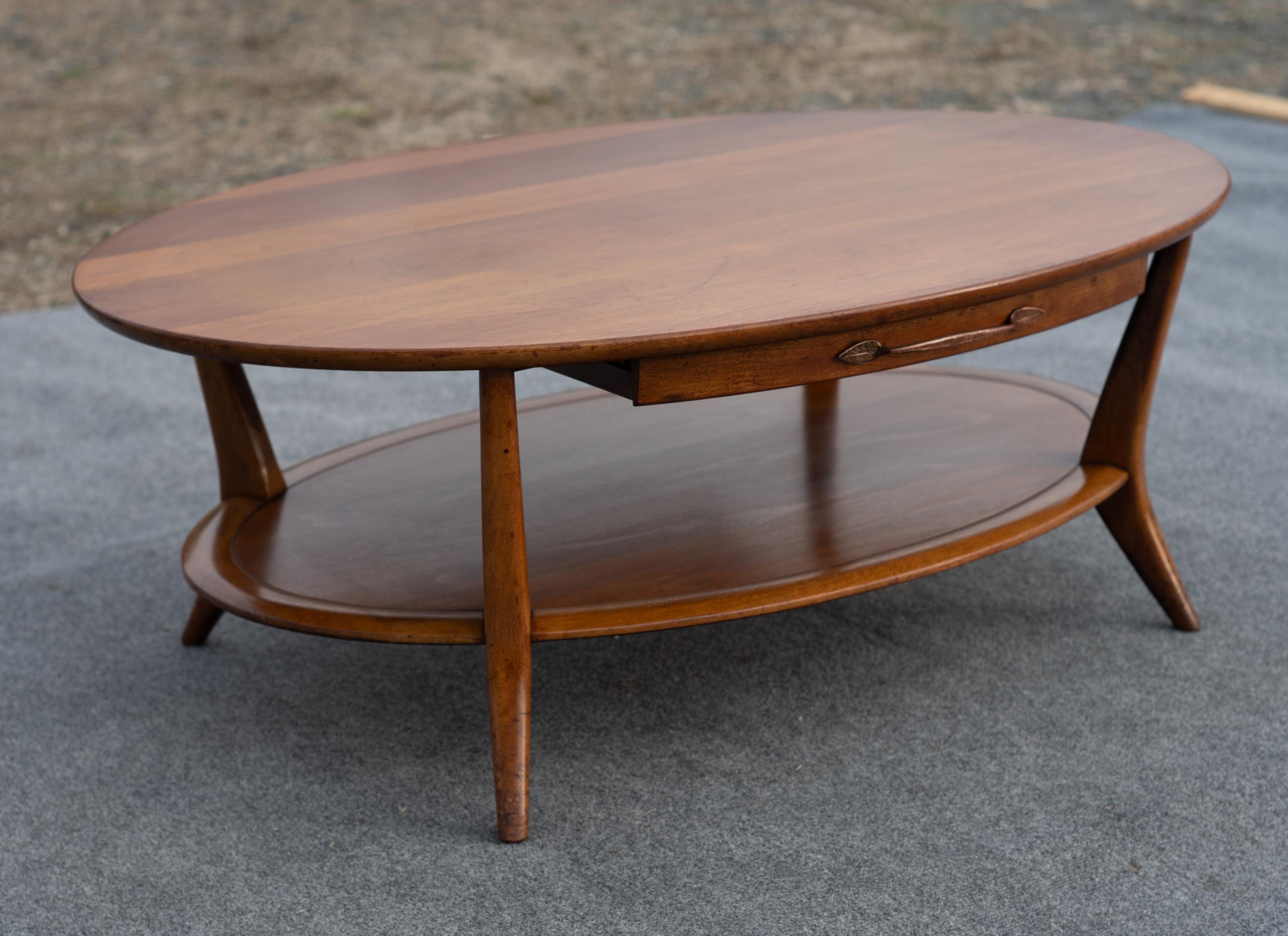 Mid-20th Century Vintage Henredon Two-Tiered Oval Carved Walnut Coffee Table with Two Drawers