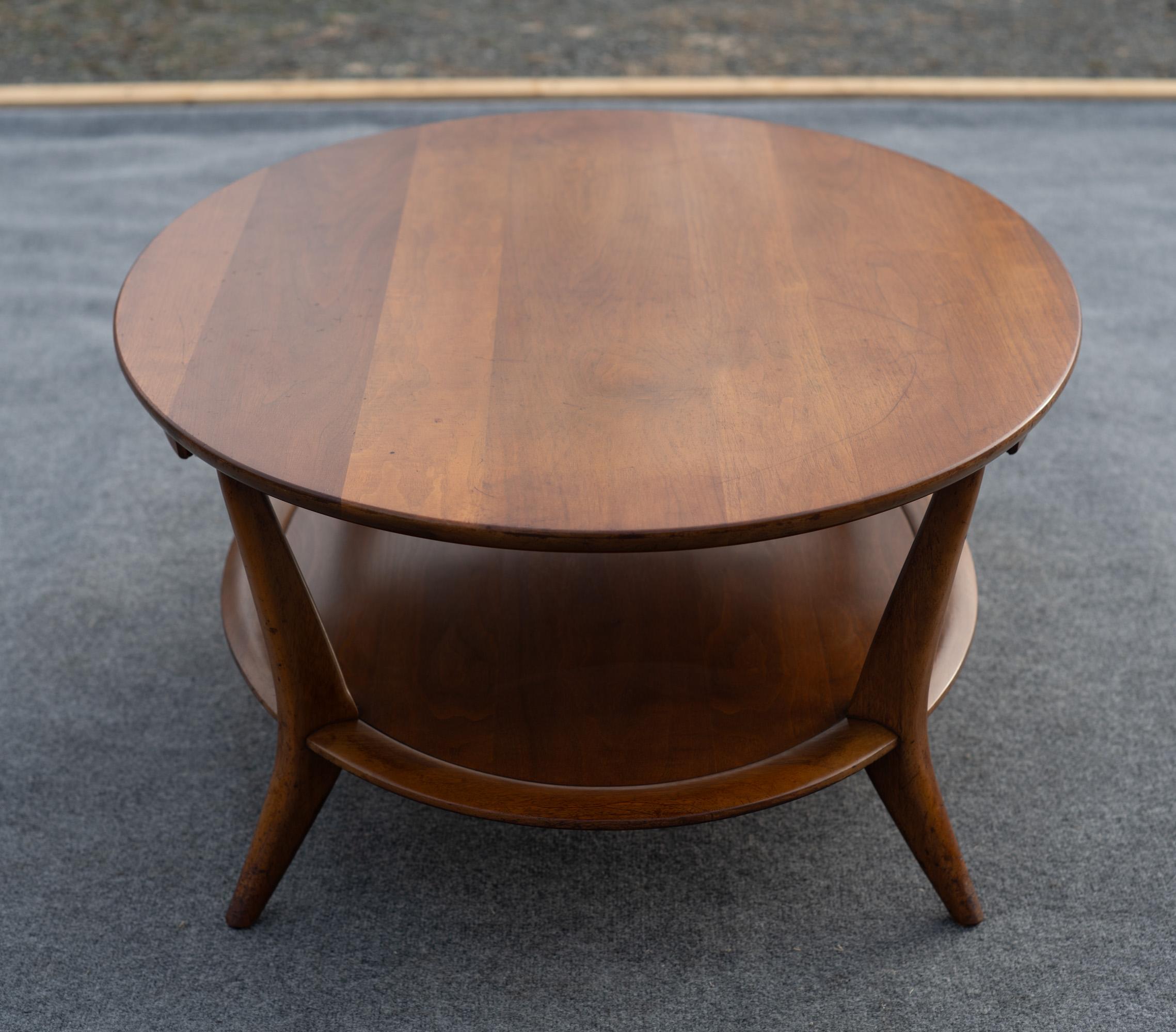 Metal Vintage Henredon Two-Tiered Oval Carved Walnut Coffee Table with Two Drawers