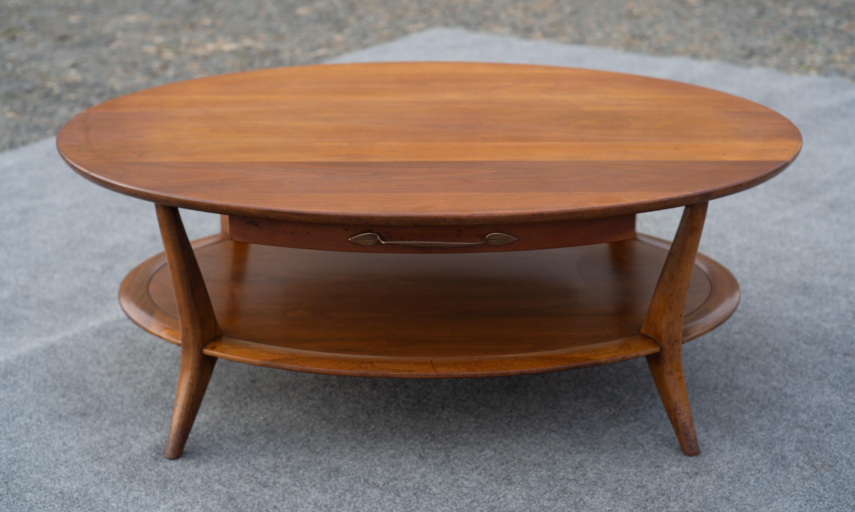 Vintage Henredon Two-Tiered Oval Carved Walnut Coffee Table with Two Drawers 2