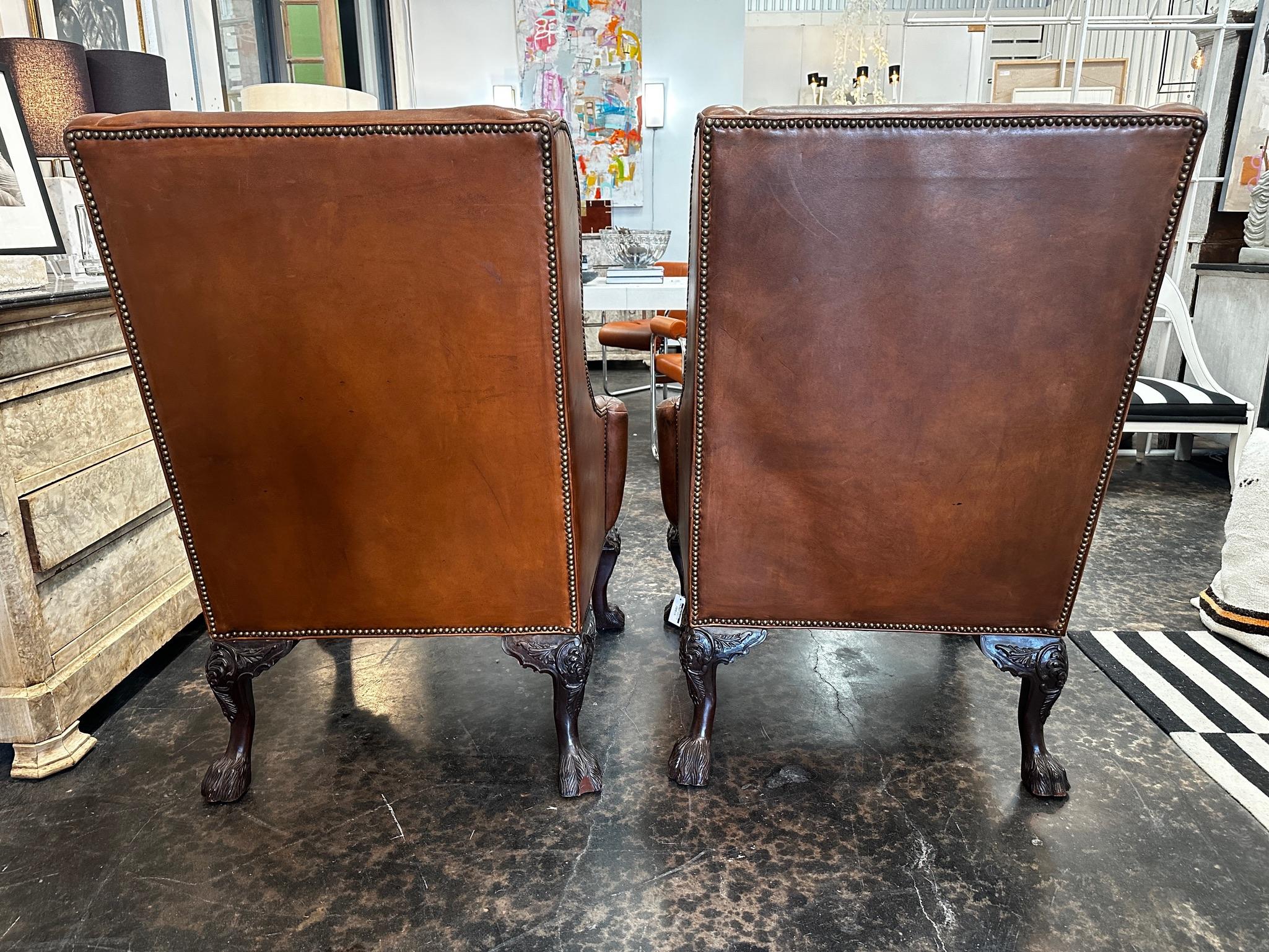 Vintage Henredon Wingbacks in Original Leather, a pair 4
