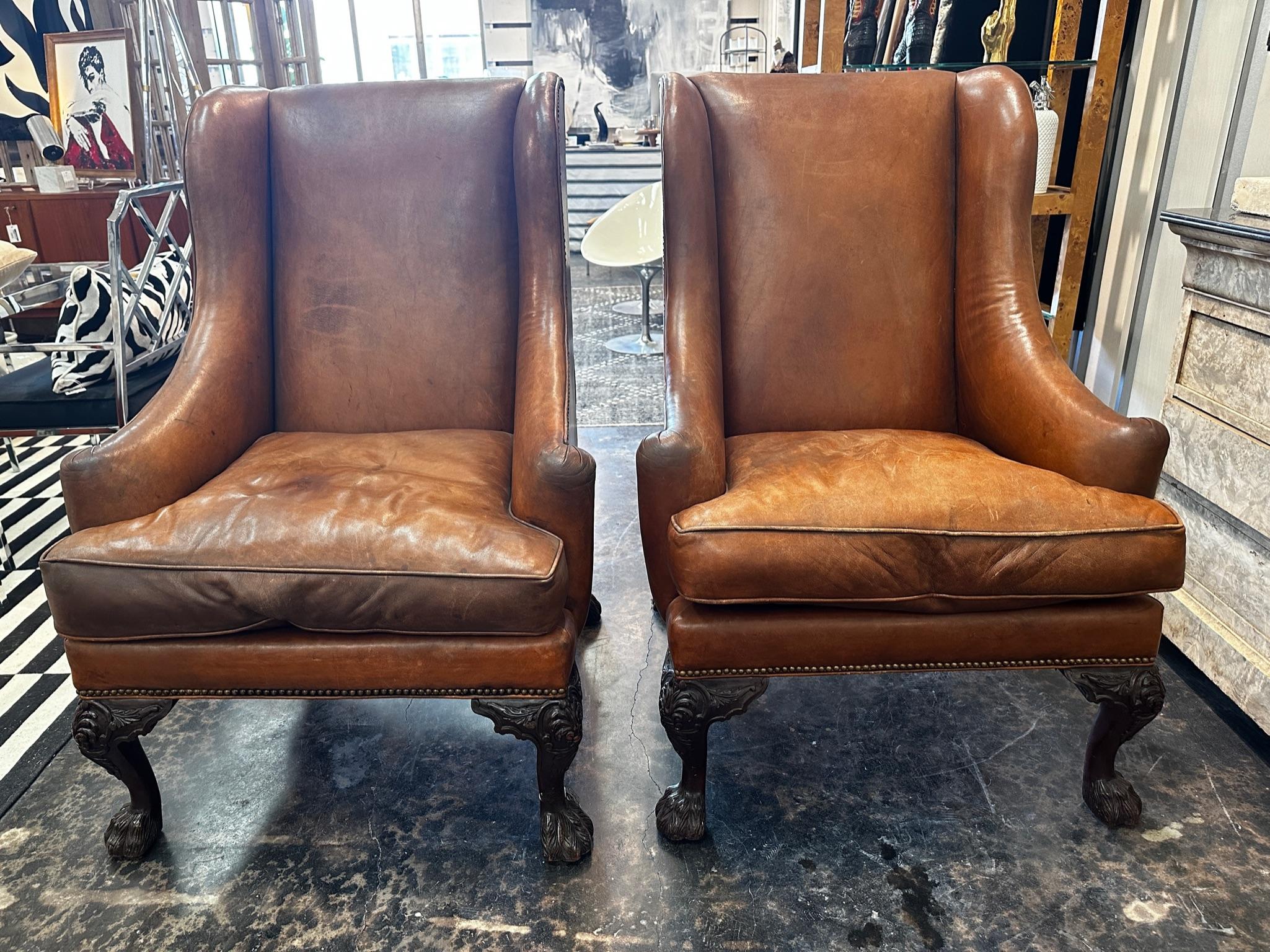 Vintage Henredon Wingbacks in Original Leather, a pair 5