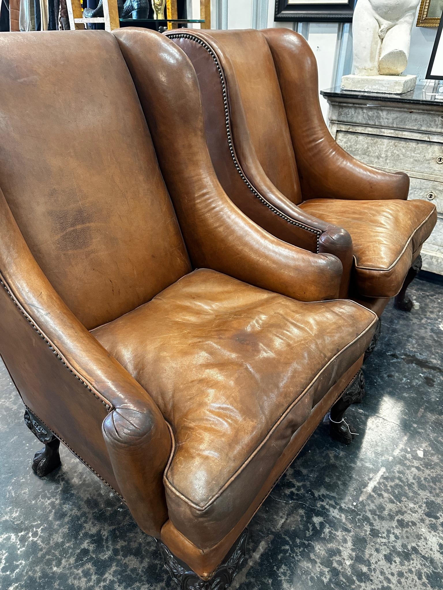 Vintage Henredon Wingbacks in Original Leather, a pair 6