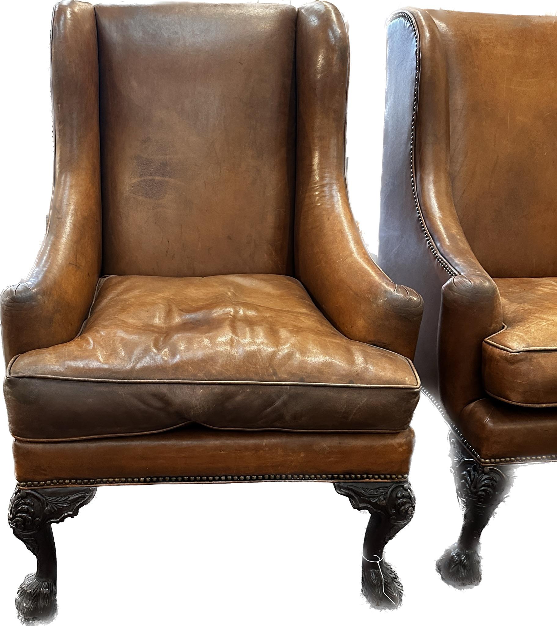 Mid-Century Modern Vintage Henredon Wingbacks in Original Leather, a pair