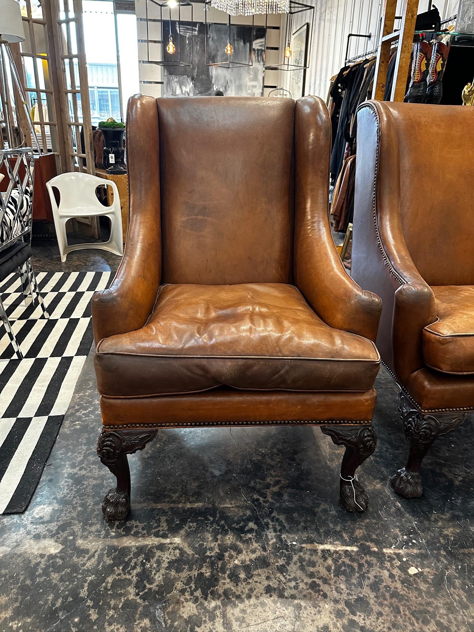 20th Century Vintage Henredon Wingbacks in Original Leather, a pair