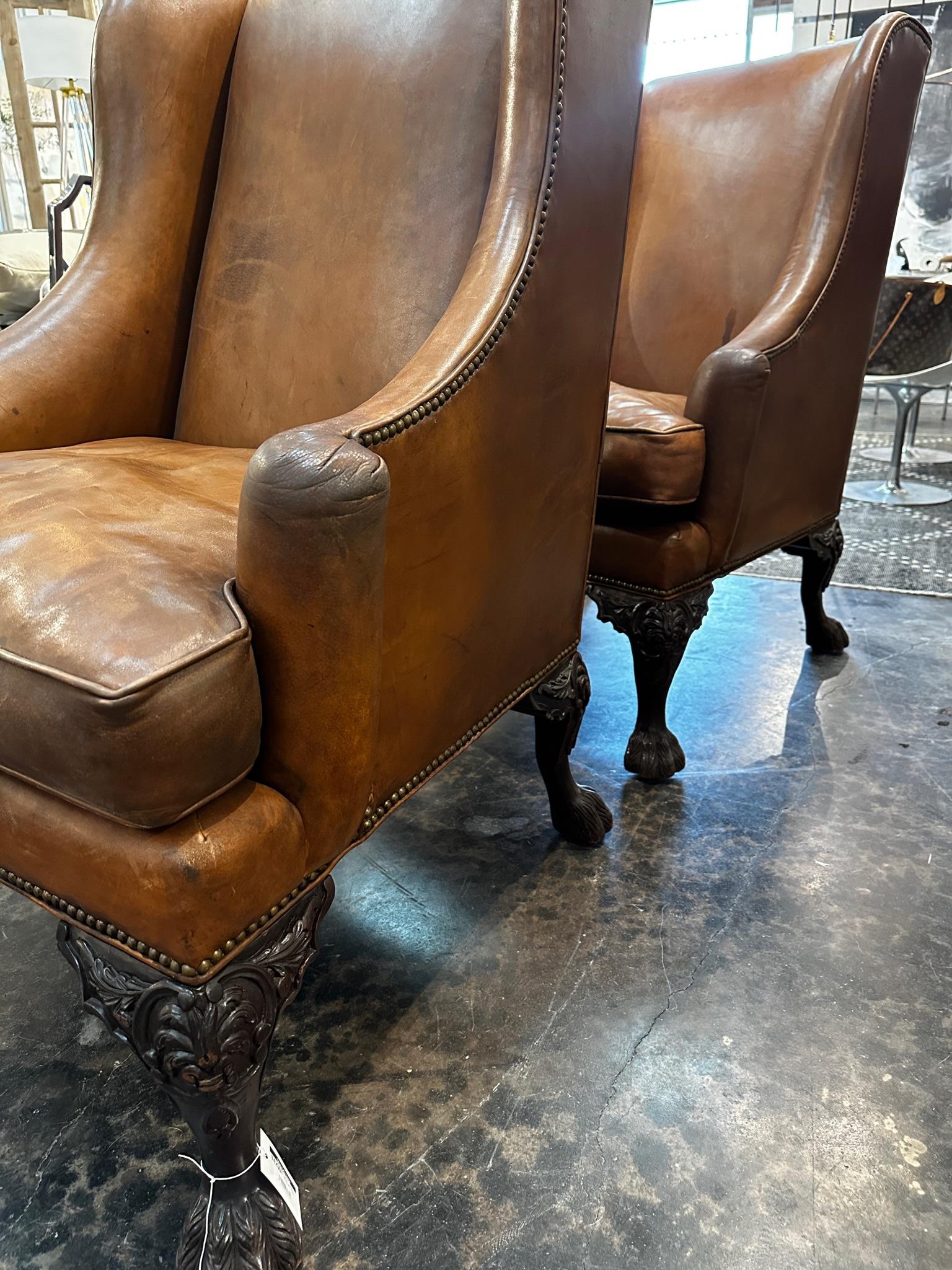 Vintage Henredon Wingbacks in Original Leather, a pair 1