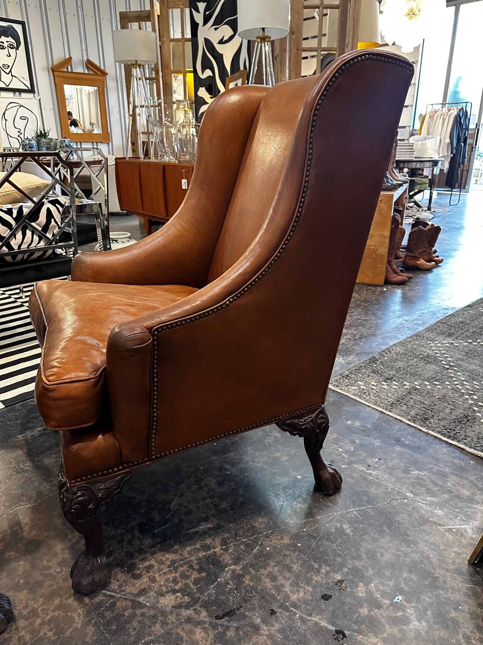 Vintage Henredon Wingbacks in Original Leather, a pair 2