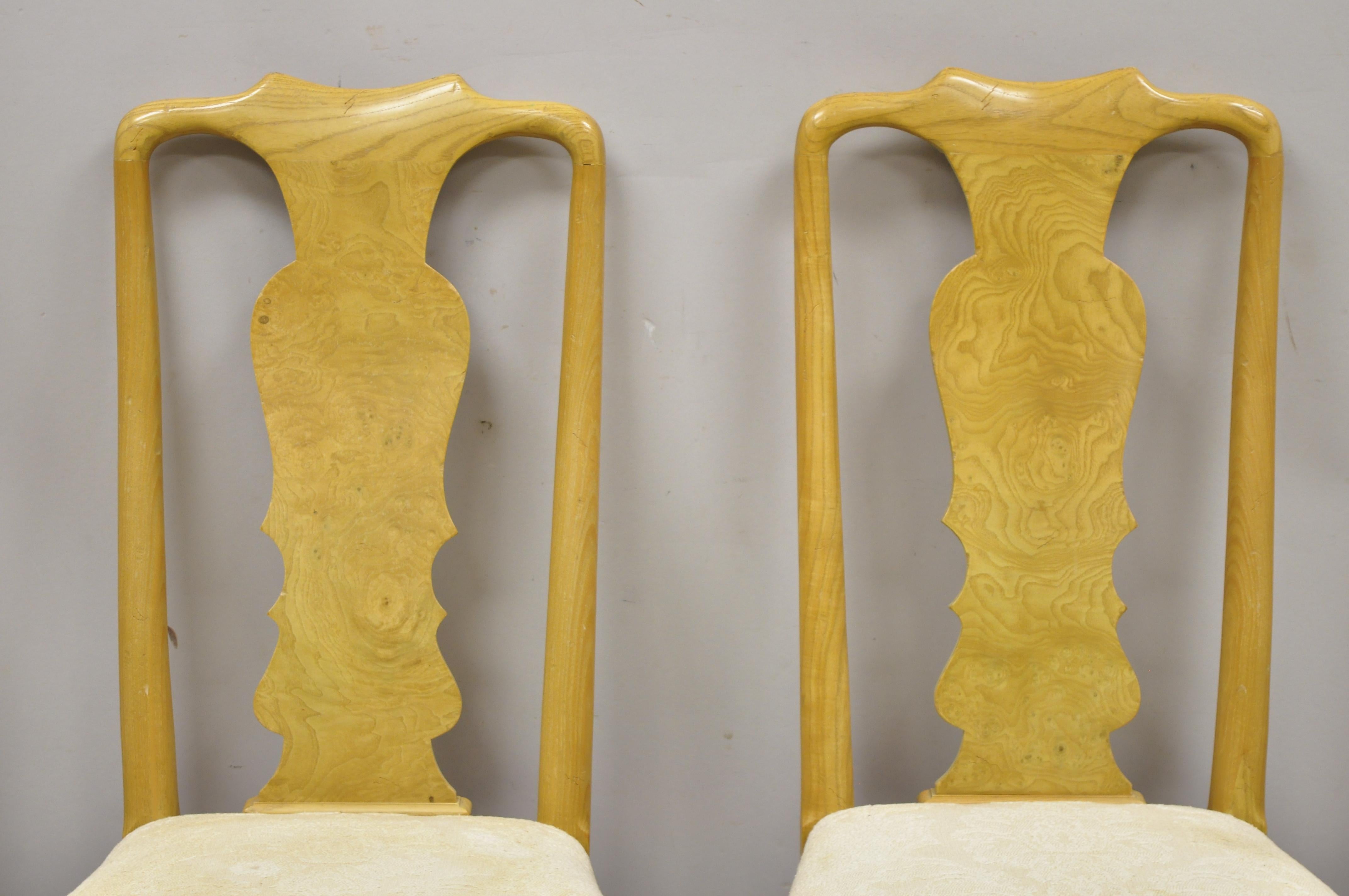North American Vintage Henredon Yellow Burl Wood Queen Anne Dining Chairs, Set of 4
