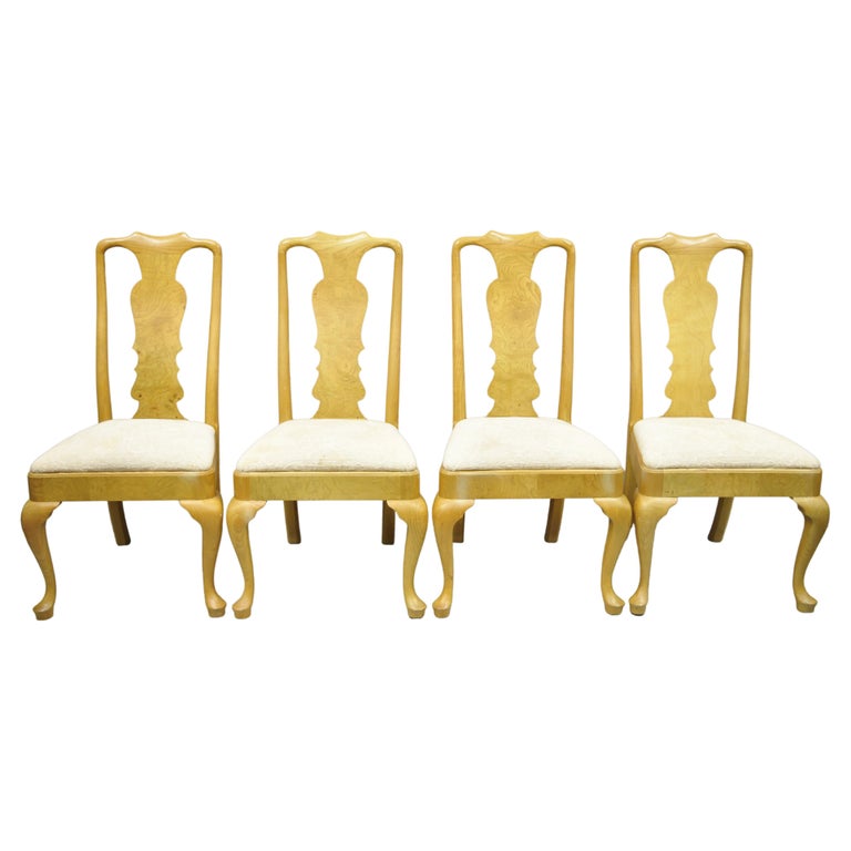 Vintage Henredon Yellow Burl Wood Queen Anne Dining Chairs, Set of 4 For Sale