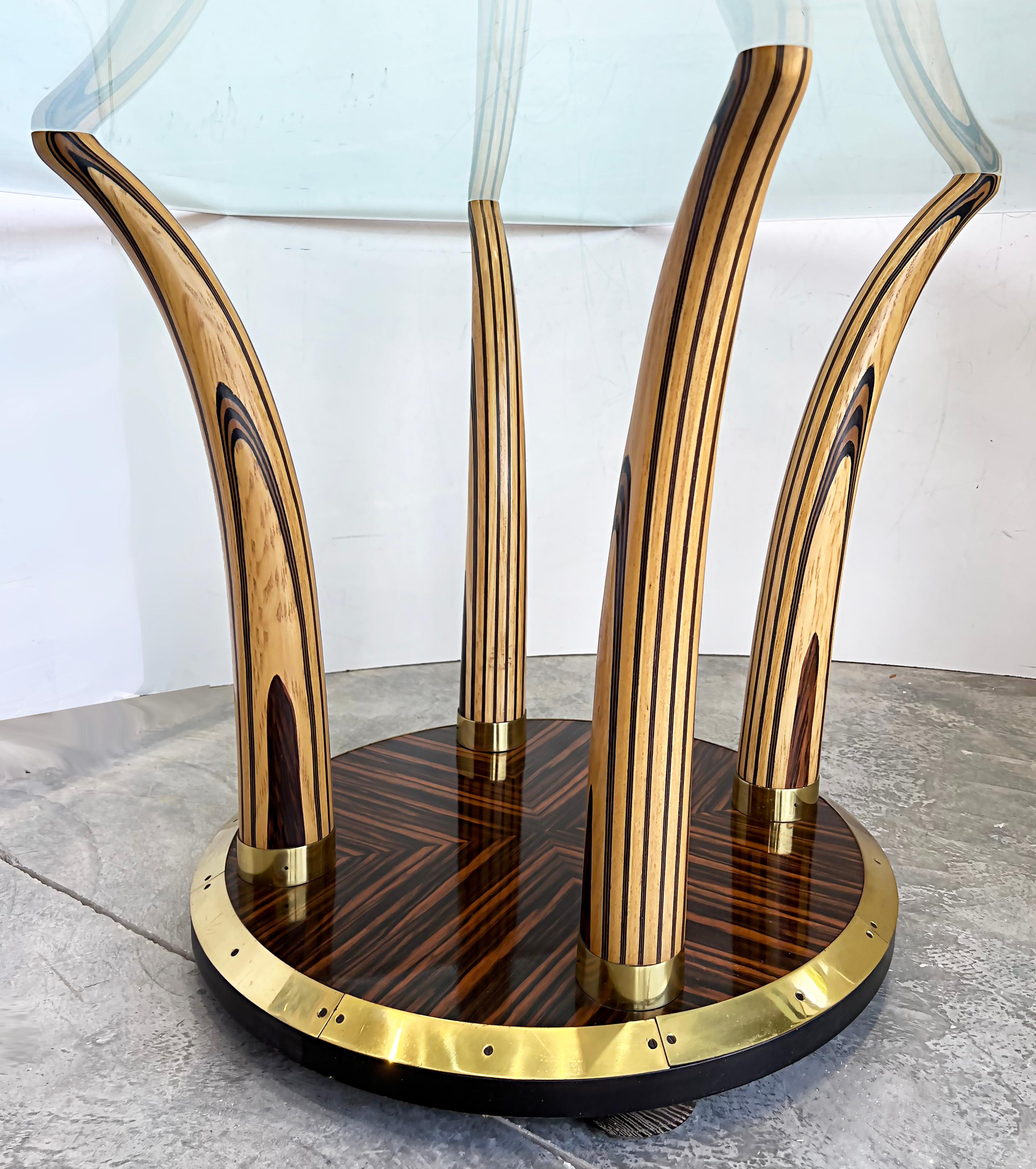 American Vintage Henredon Zebra Wood Faux Tusk Table, Beveled Glass Top