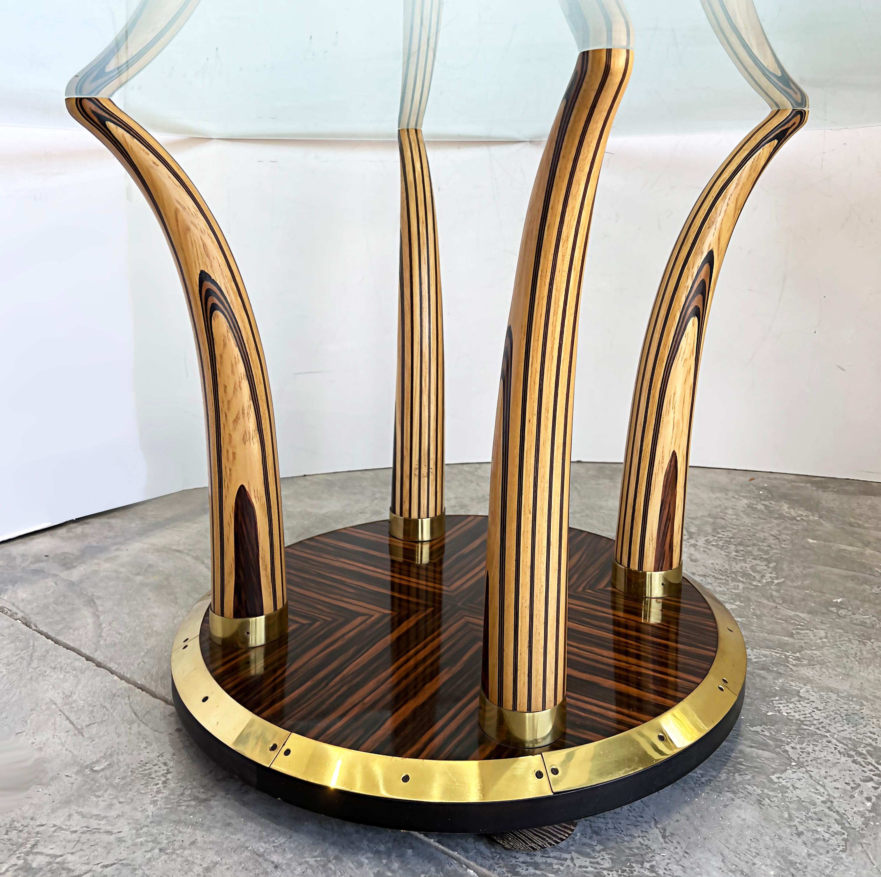 Brass Vintage Henredon Zebra Wood Faux Tusk Table, Beveled Glass Top