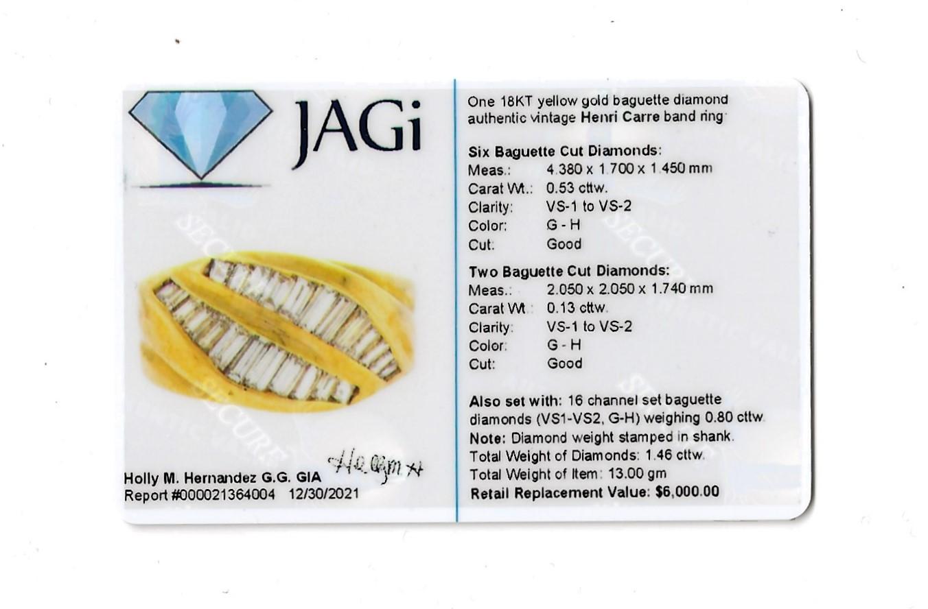 Vintage Henri Carre Baguette Diamond Double Row Band Ring 18 Karat Yellow Gold  For Sale 6