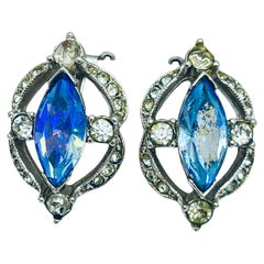 Vintage HENRY BOGOFF signed silver blue rhinestone designer clip on earrings